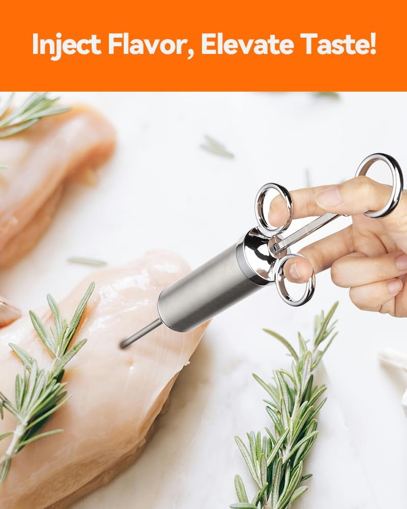 Meat Injector Syringe, 2oz Turkey Injector Seasoning, 304-Stainless Steel Seasoning Injector with 3 Marinade Needles and 3 Cleaning Brushes for Smoked BBQ Grilling