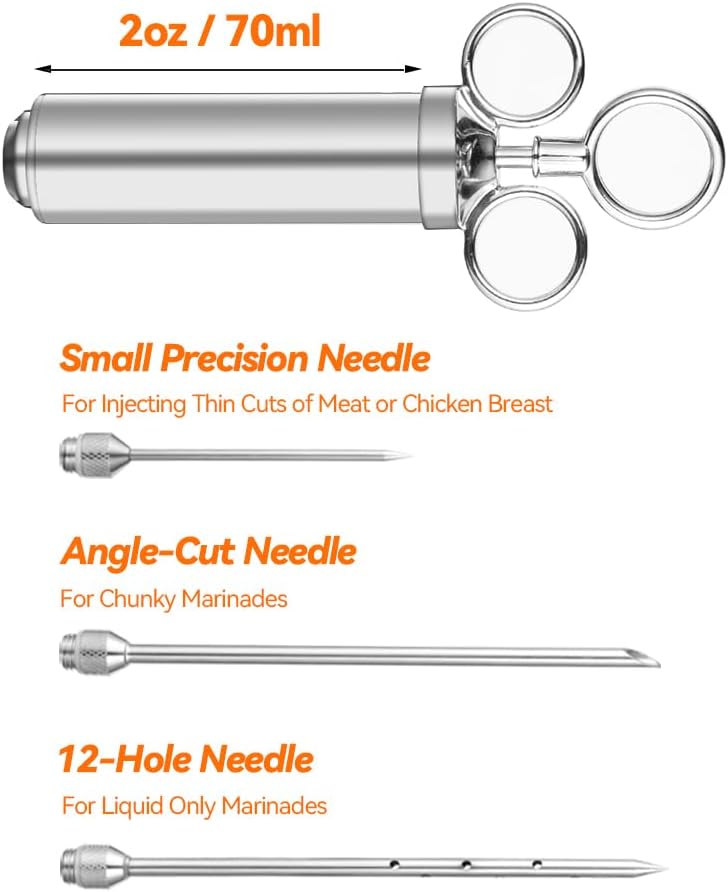 Meat Injector Syringe, 2oz Turkey Injector Seasoning, 304-Stainless Steel Seasoning Injector with 3 Marinade Needles and 3 Cleaning Brushes for Smoked BBQ Grilling