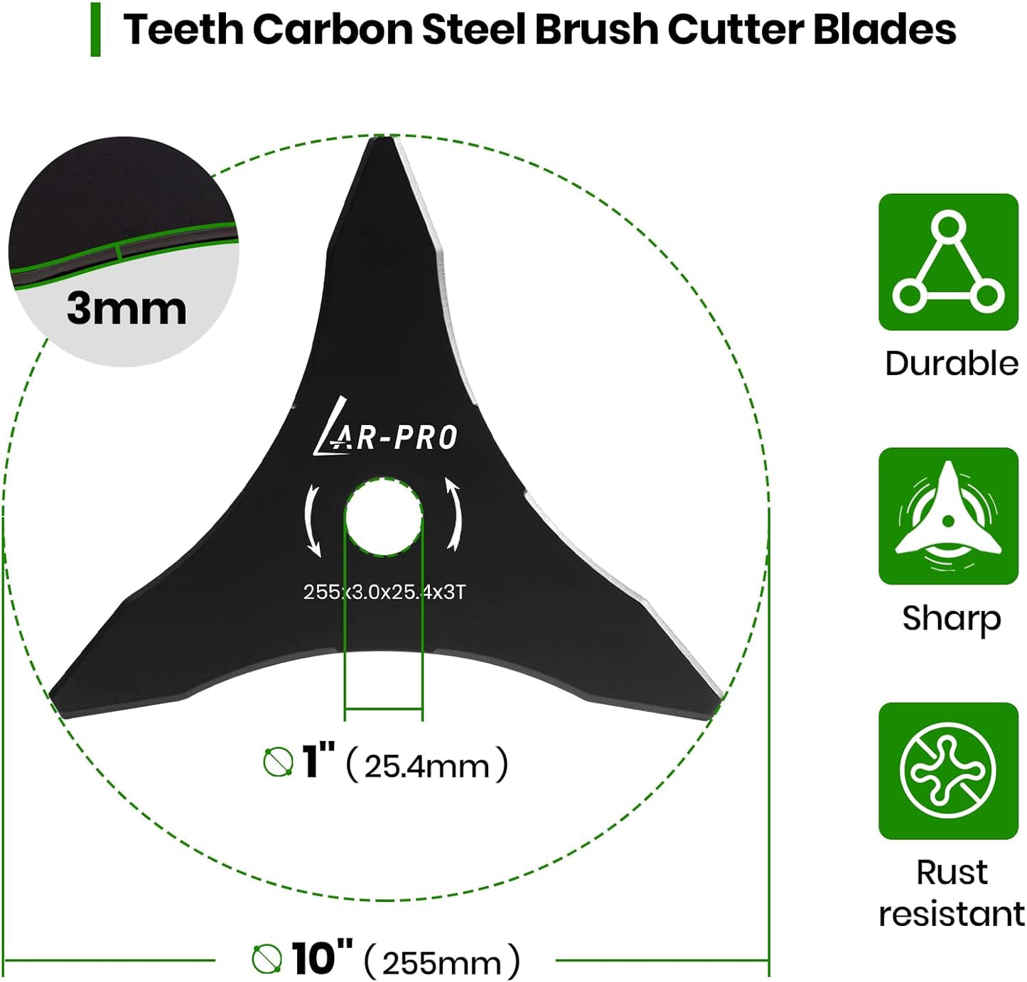 (2-Set) 10" x 3 Teeth Carbon Steel Brush Cutter Blades with Washers - 2 Blades and 2 Washers - Blades for 20mm or 25.4mm Arbor - Compatible with Husqvarna, Stihl, Ego, and More