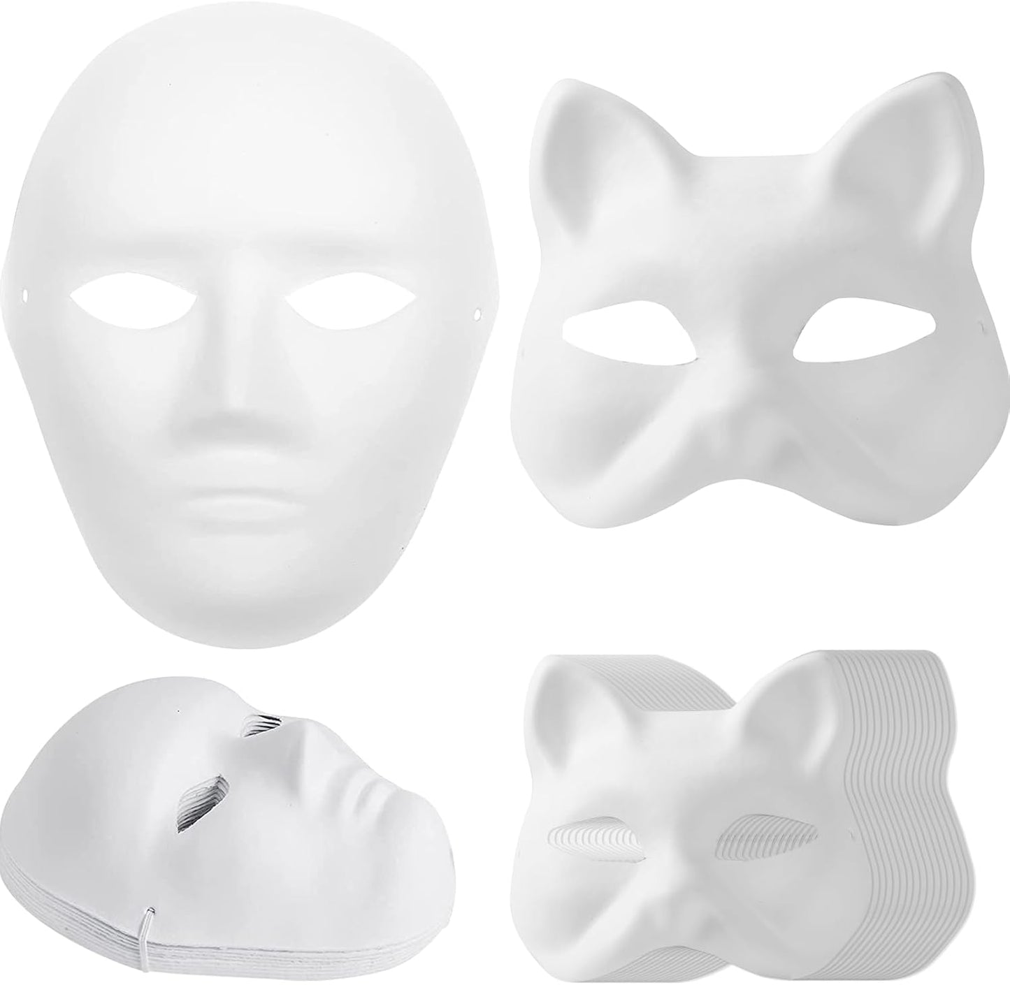 14-Pack Paper Mache Masks (2 Sizes) & 16-Pack Cat Mask White Blank for Party, Cosplay, Artistic Projects, Theater, Halloween, Masquerade Parties, Classroom Art