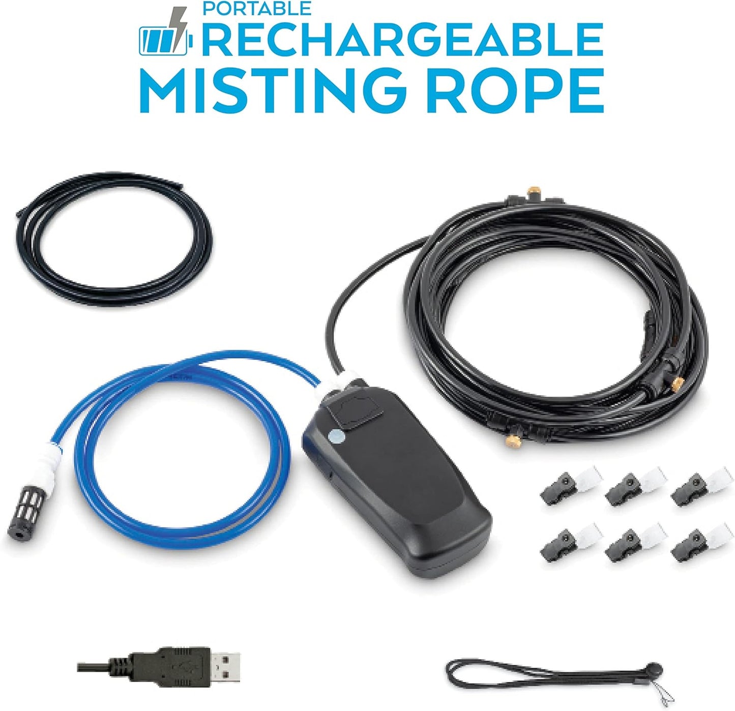 Rechargeable Outdoor Misting Rope, Up to 25 FT + 6 Mister Nozzles, NO Water Hose or Power Source Needed, Misters for Outside Patio or Misters for Reptiles Water Mister