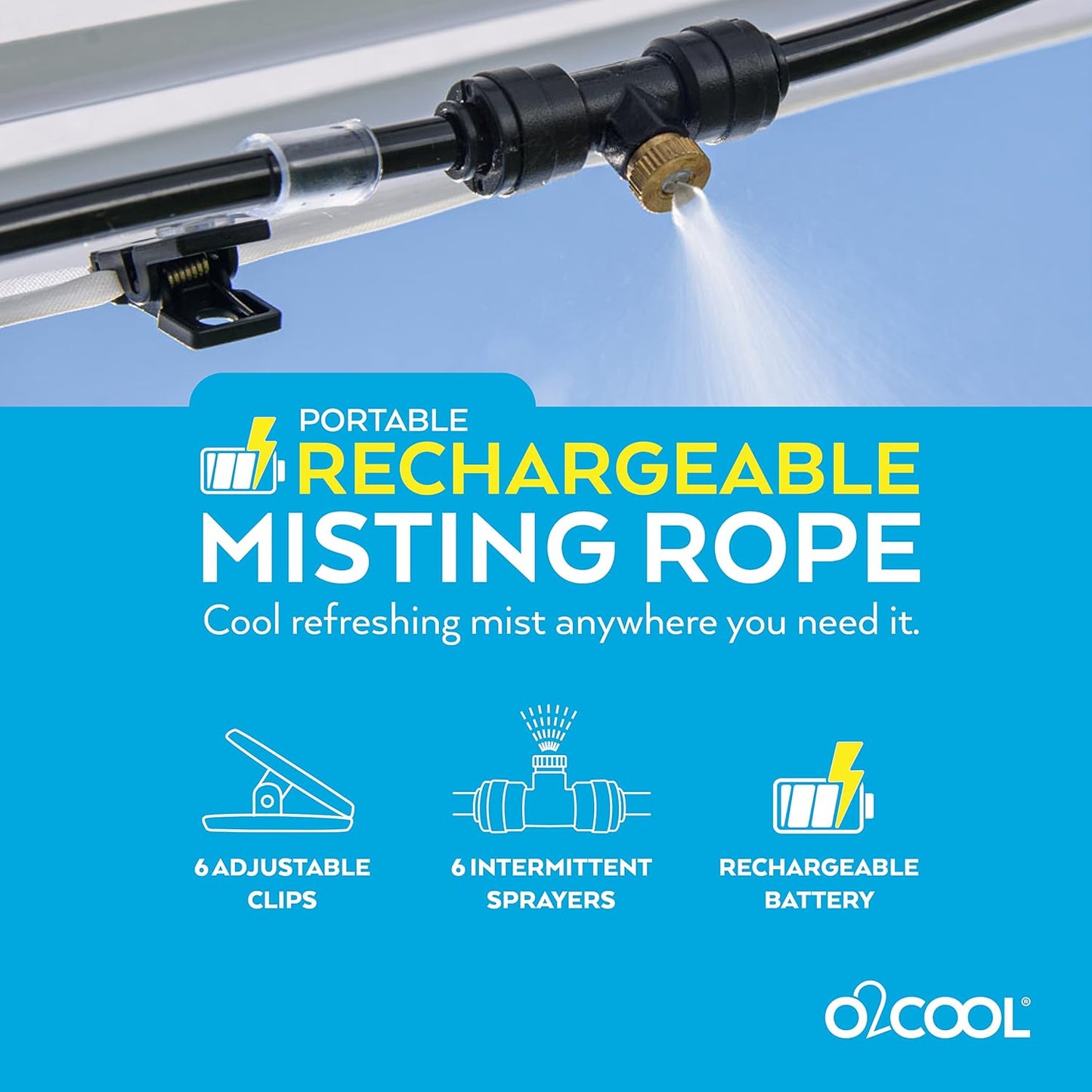 Rechargeable Outdoor Misting Rope, Up to 25 FT + 6 Mister Nozzles, NO Water Hose or Power Source Needed, Misters for Outside Patio or Misters for Reptiles Water Mister