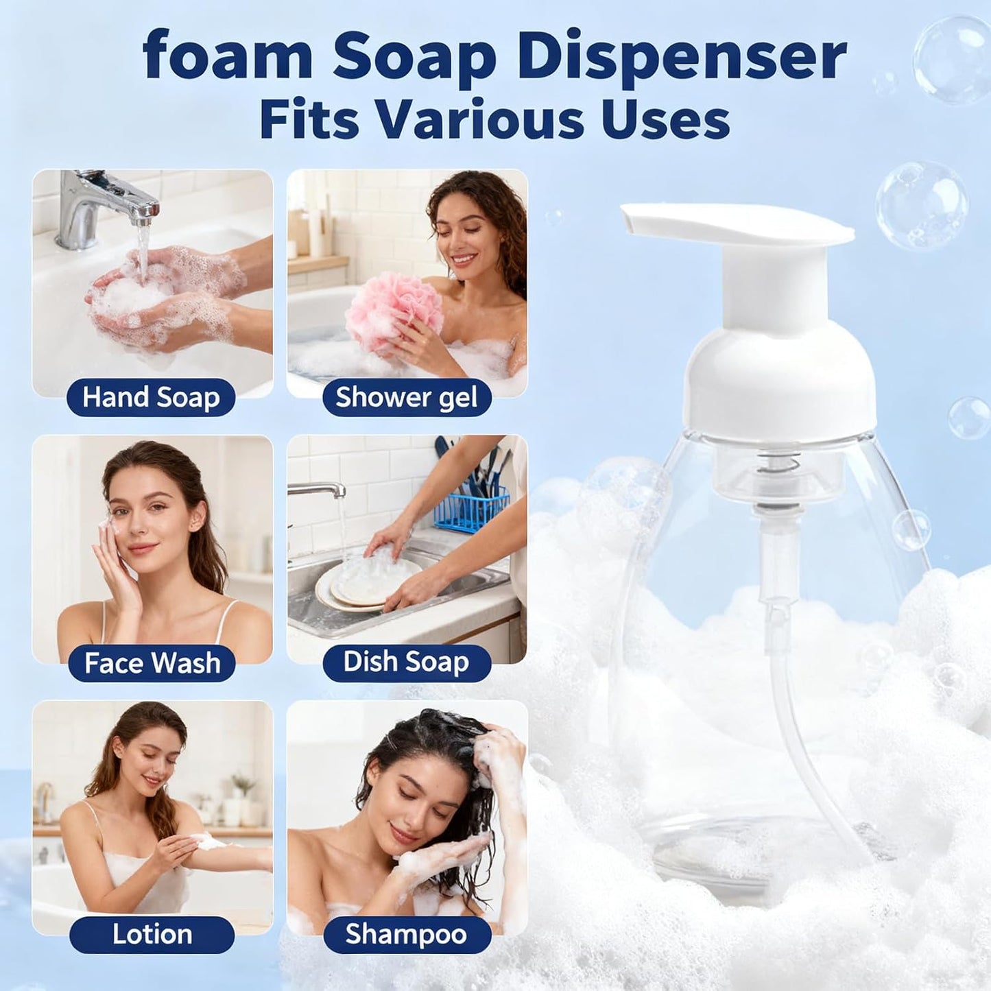 2-Pack Foaming Soap Dispenser Pump Bottles,Foam Hand Soap Dispenser with Refillable Plastic Container for Shampoo for Bathroom & Kitchen-Clear,8 oz(250ml)
