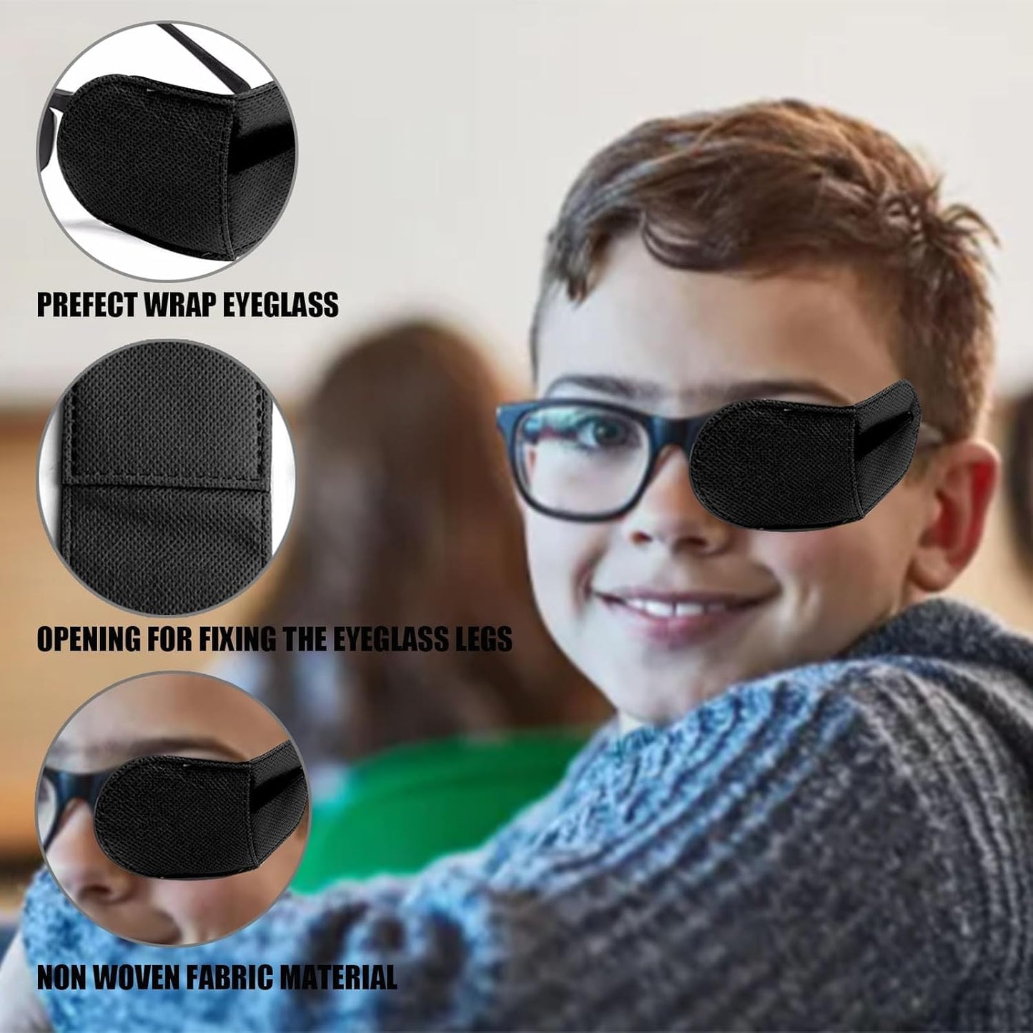 Eye Patches for Glasses,6 Pcs Medical Eye Patch for Adults and Kids Non-Woven Fabric Eye Patches to Cover Left or Right Eye Strengthen Vision and Improve Amblyopia,Lazy Eye(Black,Large Size)