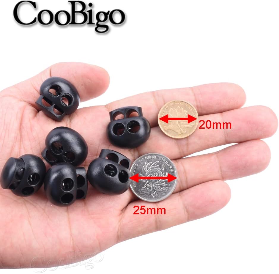 25pcs Spring Cord Lock End Stopper Fastener Slider Toggles Clip Double Hole Round Plastic for Drawstrings Lanyard Paracord Elastic Bungee Shock Cord Rope Shoe Lace Tie Locks Shoelace Lace Lock