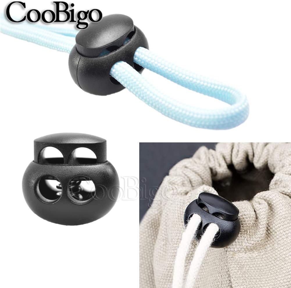 25pcs Spring Cord Lock End Stopper Fastener Slider Toggles Clip Double Hole Round Plastic for Drawstrings Lanyard Paracord Elastic Bungee Shock Cord Rope Shoe Lace Tie Locks Shoelace Lace Lock