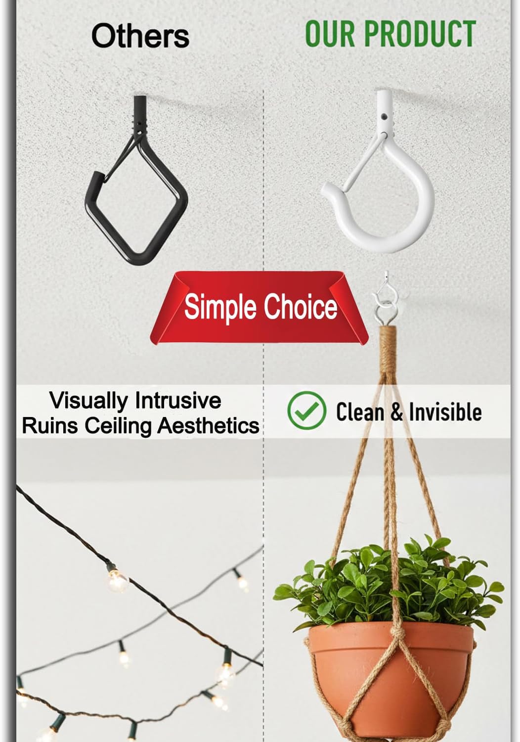20 Pack Q Hanger Hooks with Safety Buckle, Rustproof Screw Hooks for Hanging String Lights, Bird Feeder, Plants, Wind Chimes & Holiday Decorations, Holds Up to 40 lbs（2.2" White Vinyl Coated ）