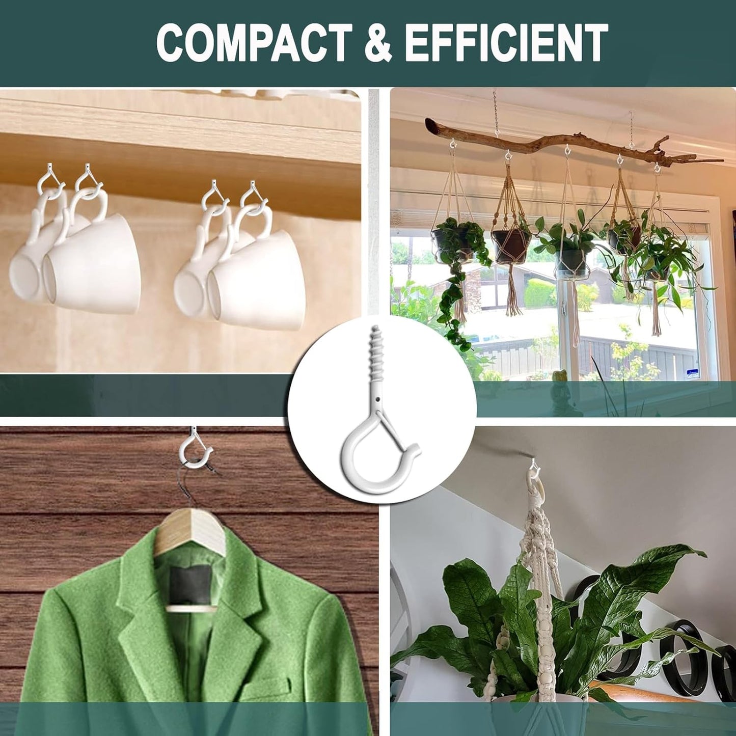 20 Pack Q Hanger Hooks with Safety Buckle, Rustproof Screw Hooks for Hanging String Lights, Bird Feeder, Plants, Wind Chimes & Holiday Decorations, Holds Up to 40 lbs（2.2" White Vinyl Coated ）