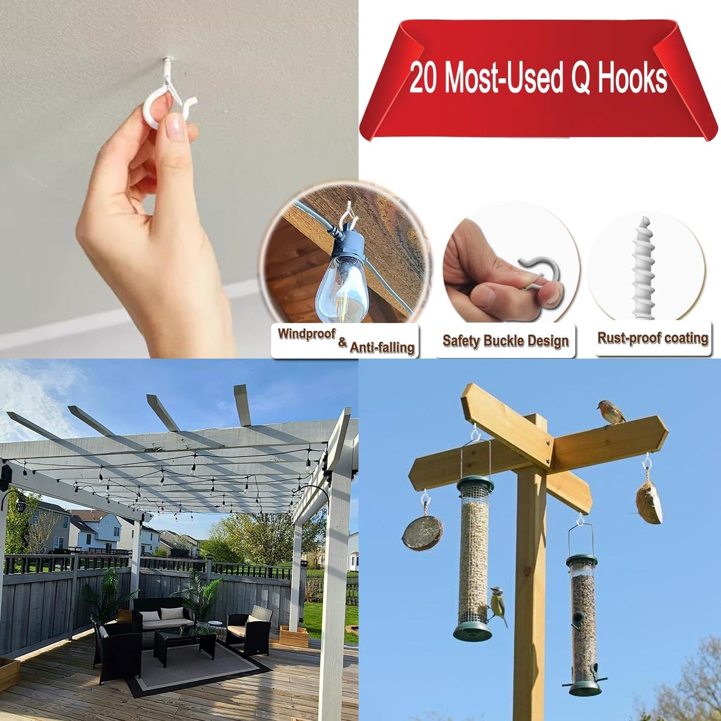 20 Pack Q Hanger Hooks with Safety Buckle, Rustproof Screw Hooks for Hanging String Lights, Bird Feeder, Plants, Wind Chimes & Holiday Decorations, Holds Up to 40 lbs（2.2" White Vinyl Coated ）