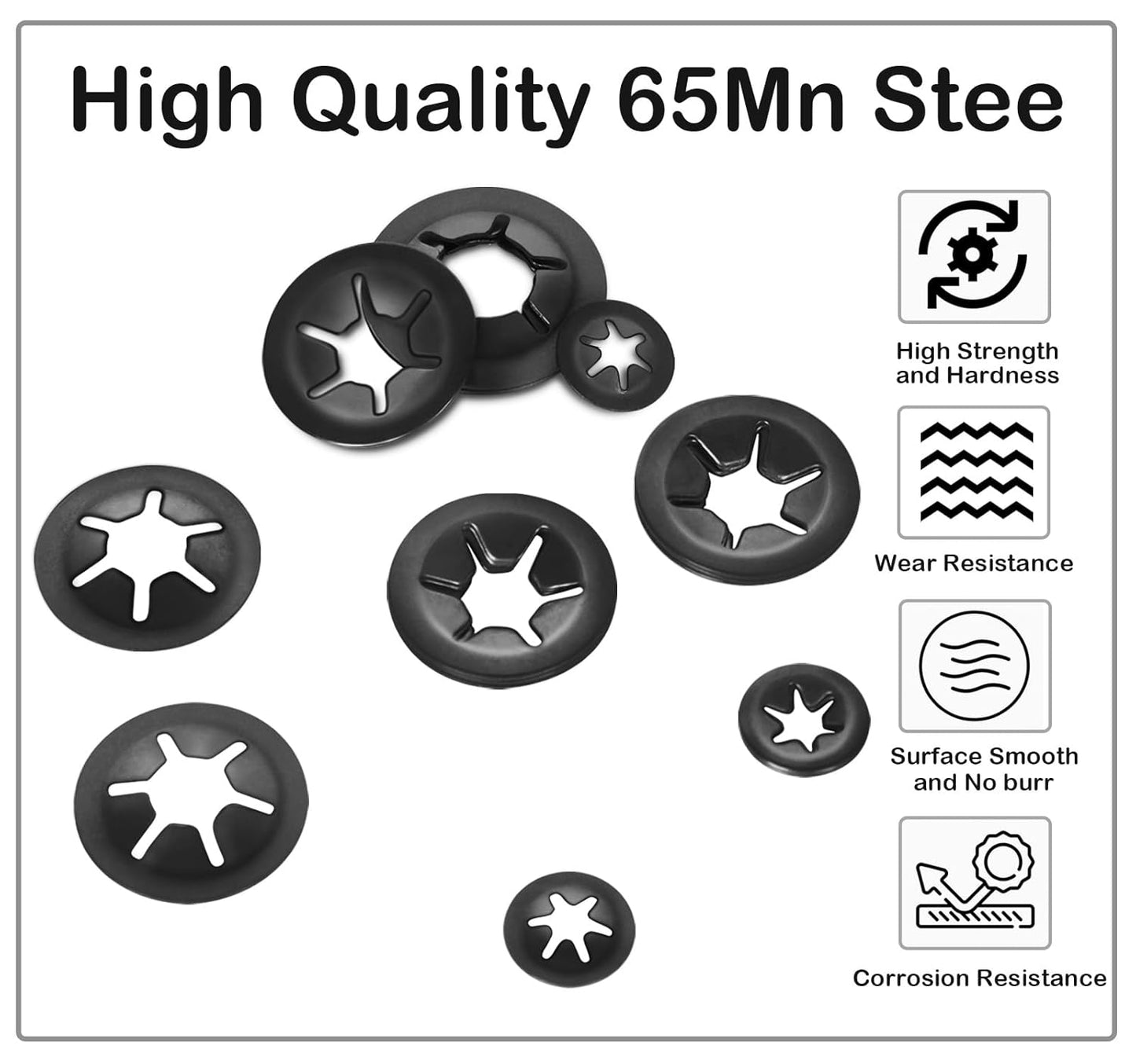 M12 Internal Tooth Star Lock Washers, Quick Speed Locking Washers, Steel Black Finish Push on Locking Washer, Speed Retaining Clips Fasteners, 50 PCS