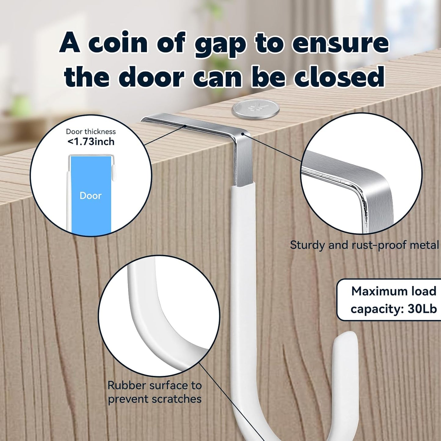 HOOSUN 4 Pack Over The Door Hooks,5 in Hooks for Hanging Heavy Duty Door Hanger,Towel Hanger Hook Holders,Over Door Hangers Hooks Door Hanger Hooks for Hanging Clothes,Towels,Hats,Coats,Bags (White)
