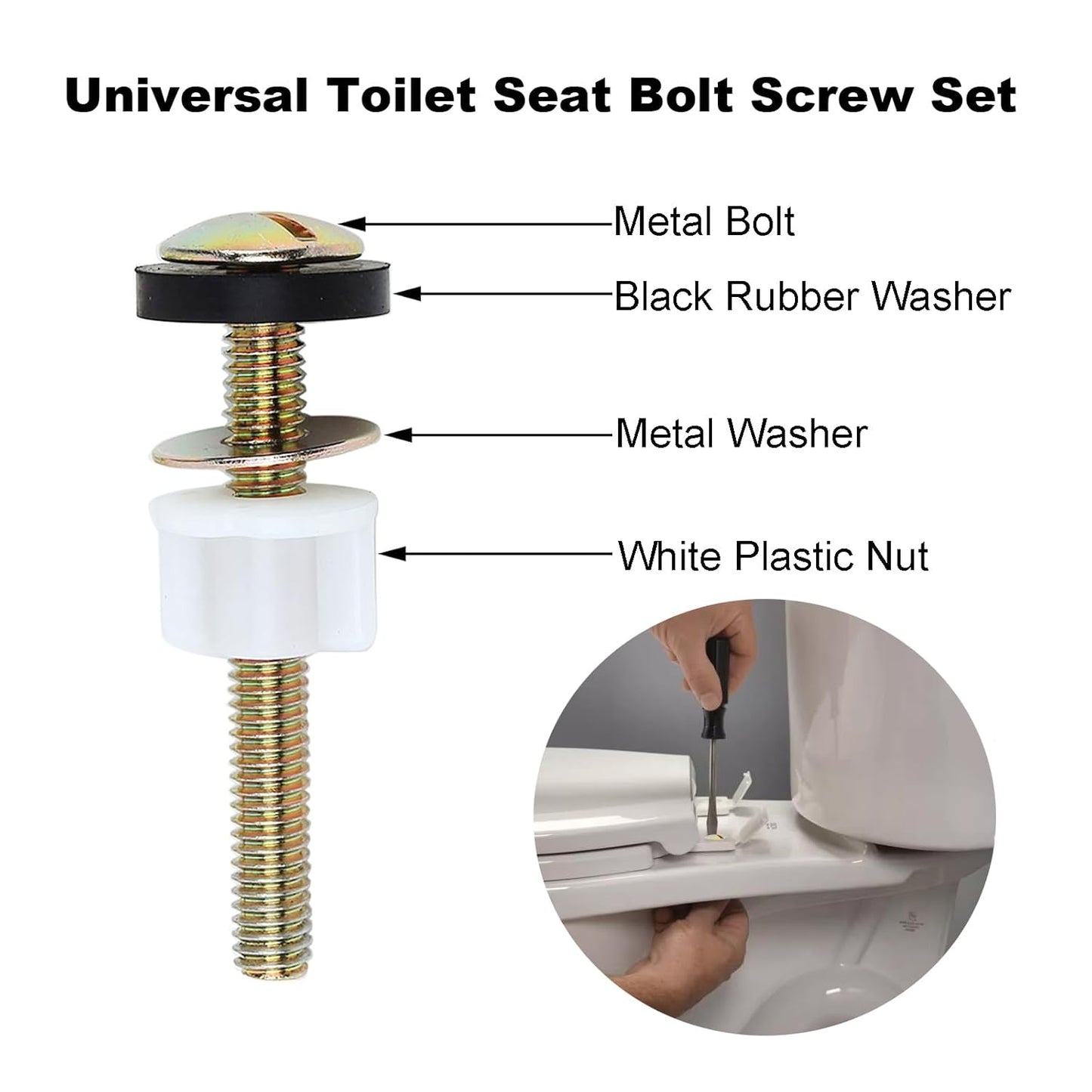 2 PCS Toilet Seat Screws Replacement Kit, Heavy Duty Toilet Seat Fastener with Plastic Nut and Metal and Rubber Washers, Universal Toilet Seat Bolt and Screw Set for Top Mount Toilet Seat Hinge
