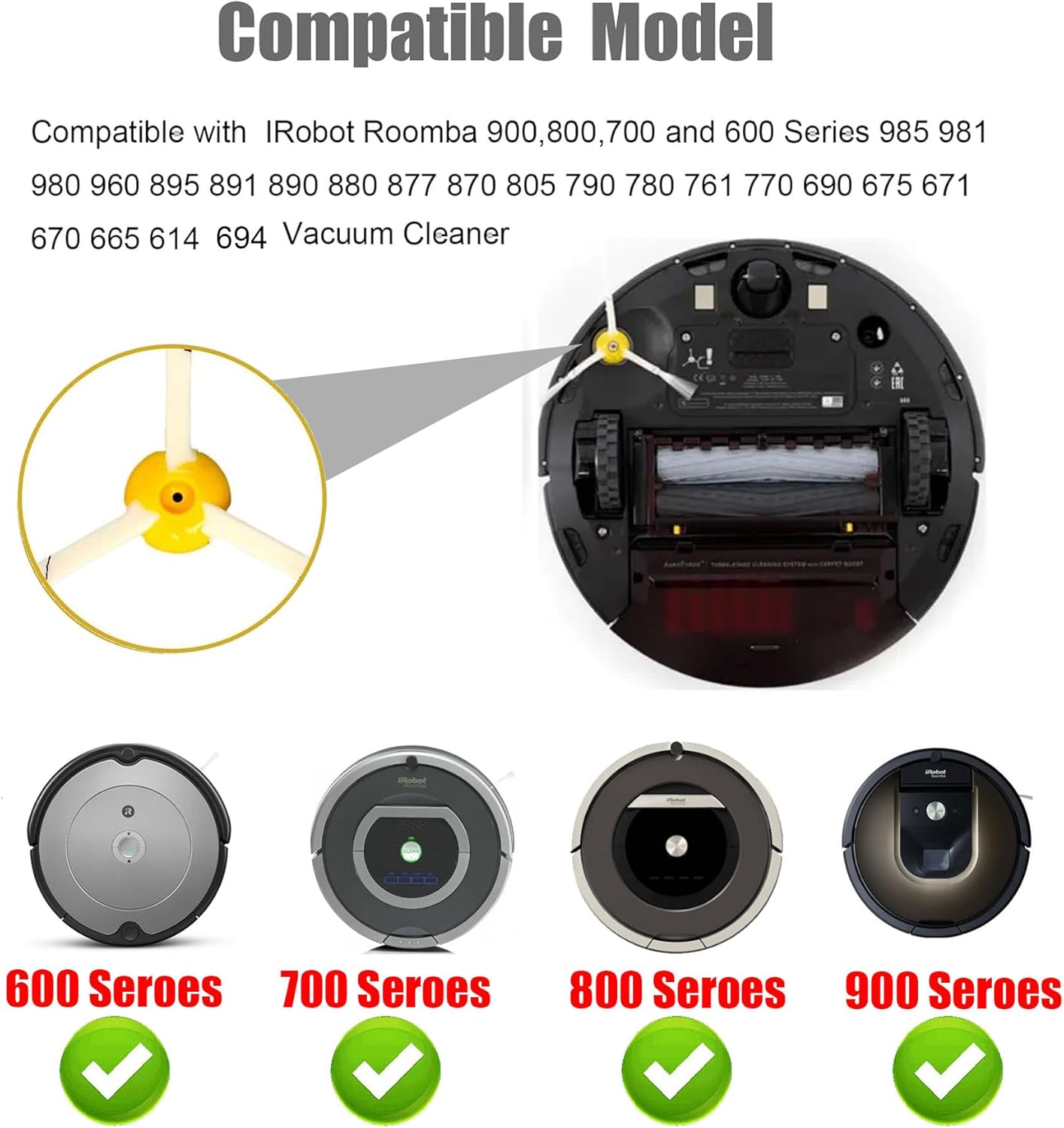 Side Brush Replacement for IRobot Roomba 900,800,700 and 600 Series 960 980 985 860 870 877 880 890 891 895 805 761 770 780 790 614 650 665 671 675 690 694 Models 6-Pack