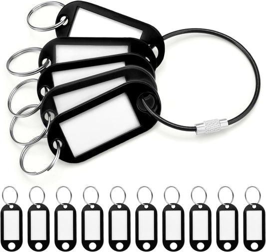 CooBigo 10 Pack Plastic Key Tags with Labels and Split Ring, Black Cable Key Ring and Key Labels for Keys, USB Drive and Luggage Organization - Black
