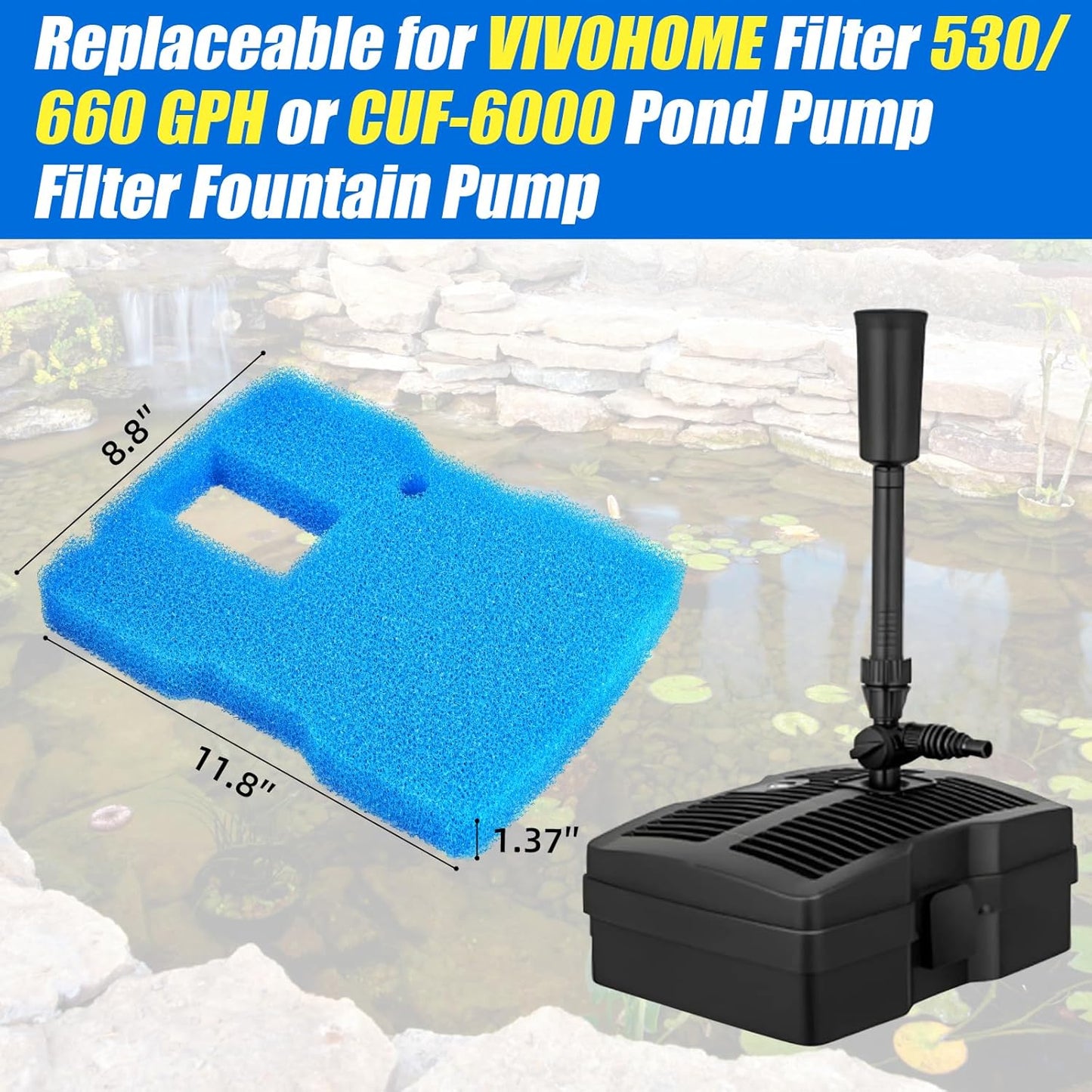 Replacement Sponge Filter Pad Compatible with VIVOHOME 530/660 GPH or CUF-6000 Pond Filter Pump Fountain (1pcs)