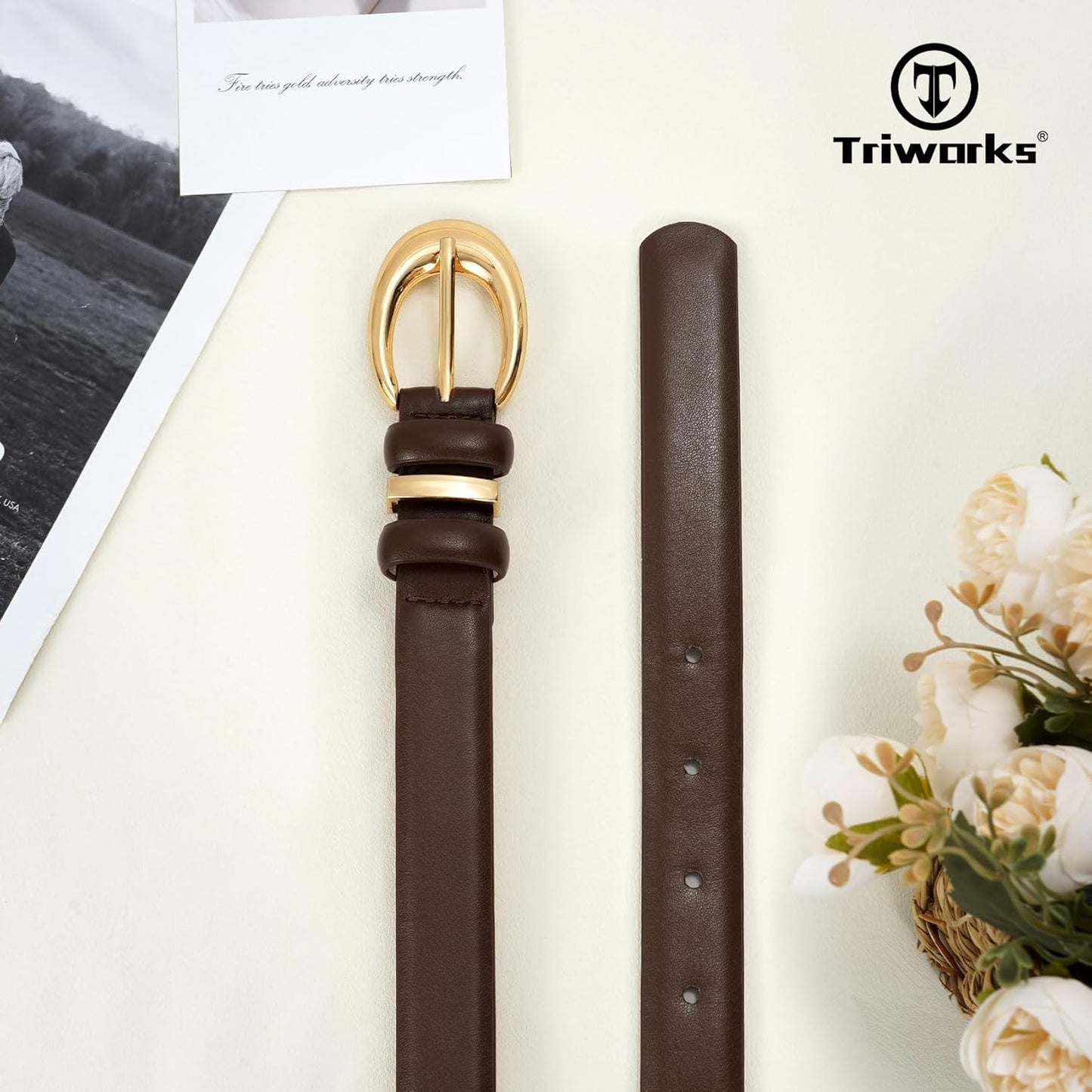 Women Leather Belt for Jeans Pants Fashion Ladies Skinny Faux Leather Dress belt with Gold Buckle, Coffee