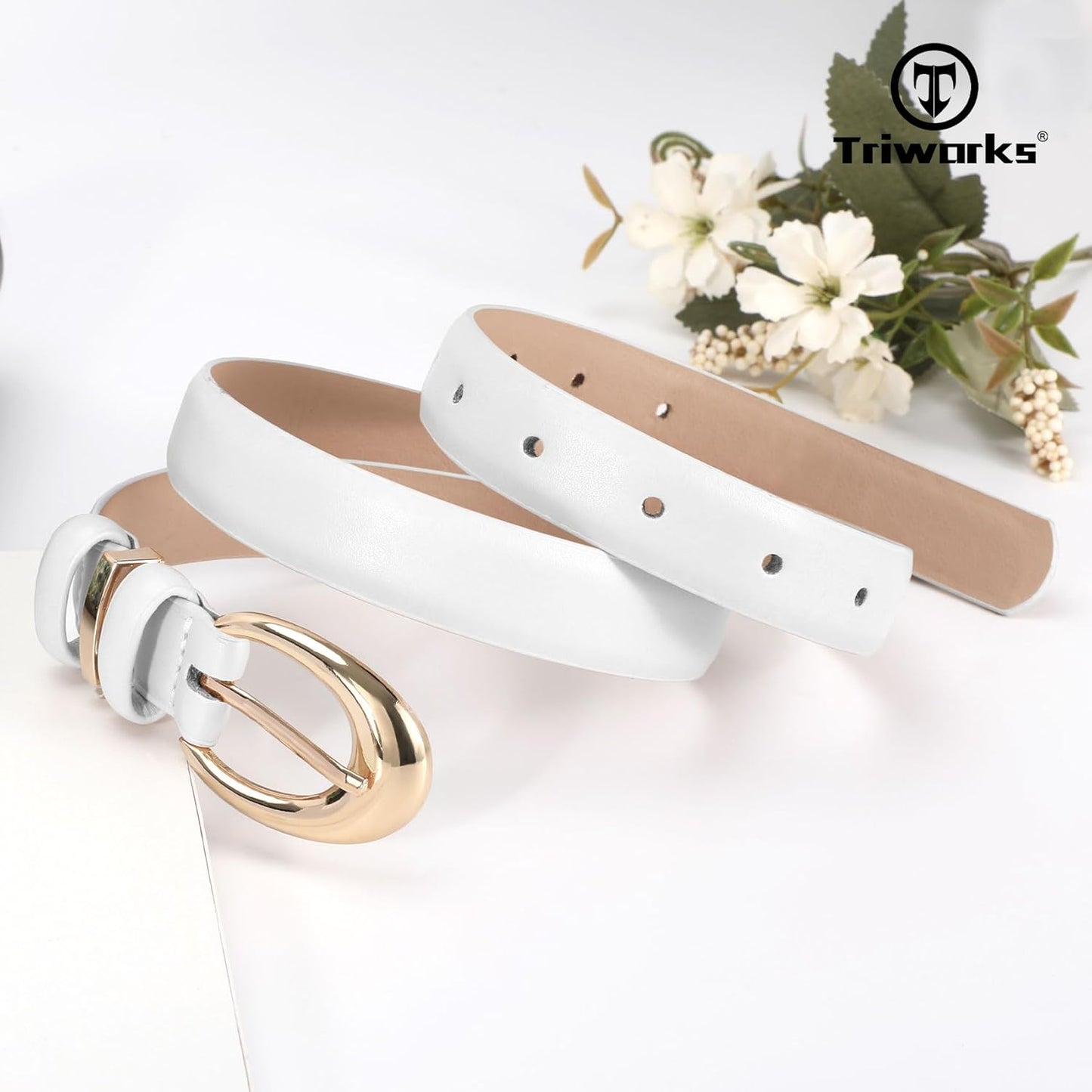 2 Pack Women Leather Belt for Jeans Pants Fashion Ladies Skinny Faux Leather Belt with Gold Buckle