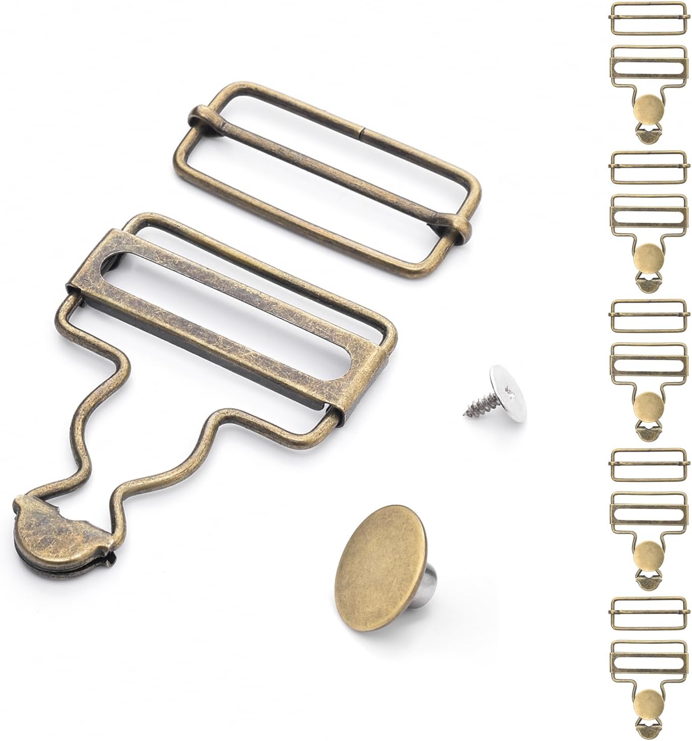 CooBigo 6 Sets Metal Overalls Buckles, 1-1/2" Overall Replacement Clasp Clips with Adjustable Tri Glide Slide Buckle and Buttons for Jeans Suspender, Bib Pants DIY Sewing Accessories (Bronze)
