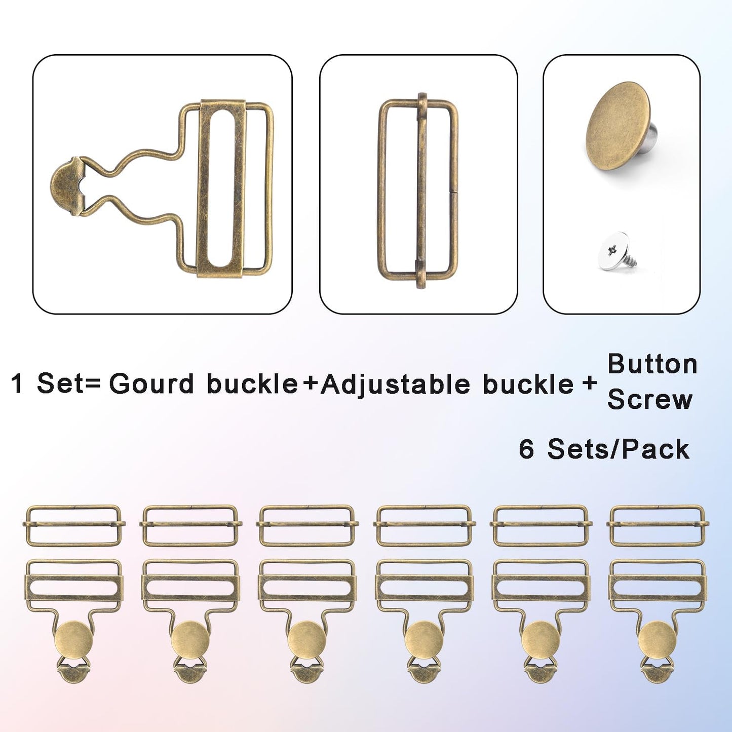 CooBigo 6 Sets Metal Overalls Buckles, 1-1/2" Overall Replacement Clasp Clips with Adjustable Tri Glide Slide Buckle and Buttons for Jeans Suspender, Bib Pants DIY Sewing Accessories (Bronze)
