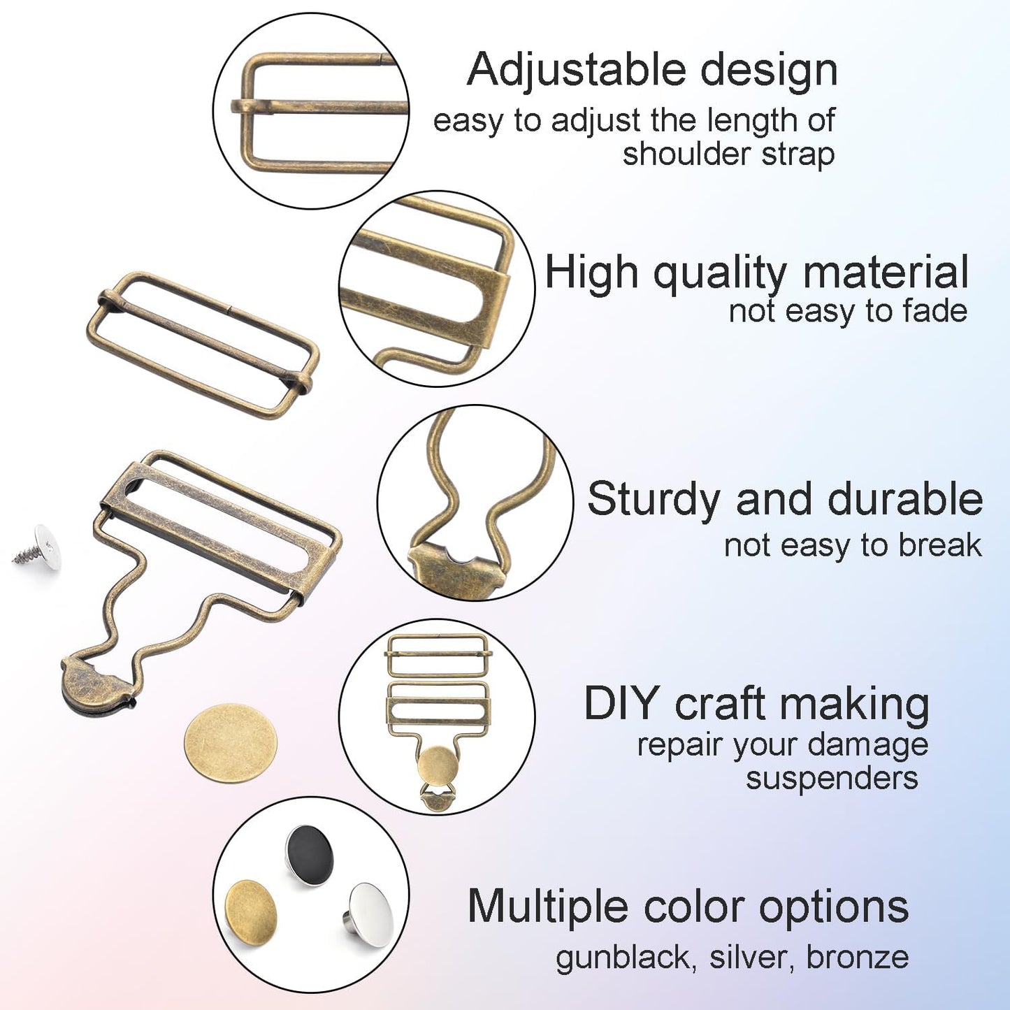 CooBigo 6 Sets Metal Overalls Buckles, 1-1/2" Overall Replacement Clasp Clips with Adjustable Tri Glide Slide Buckle and Buttons for Jeans Suspender, Bib Pants DIY Sewing Accessories (Bronze)