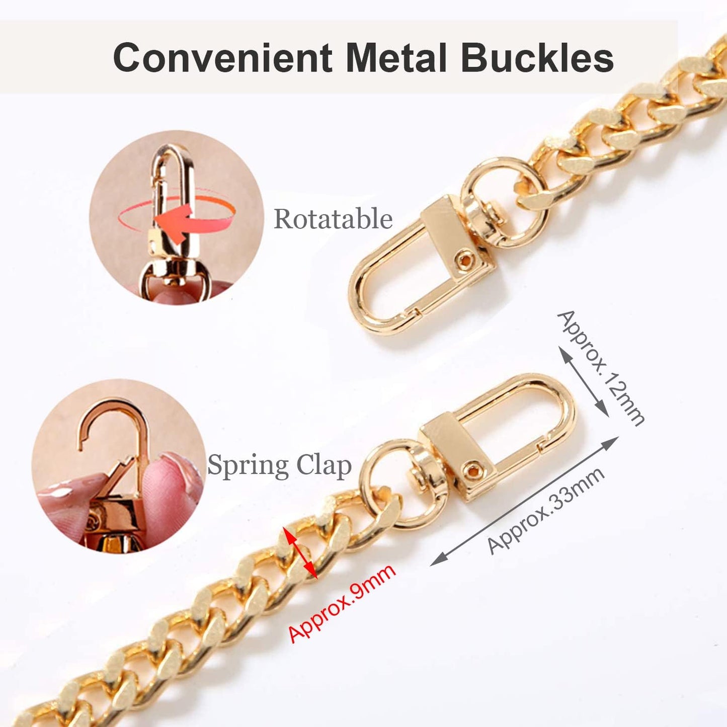 CooBigo 47" Purse Chain Strap Metal Shoulder Crossbody Bag Chain with Metal Buckles, Flat Chain Strap for Purse Handbag