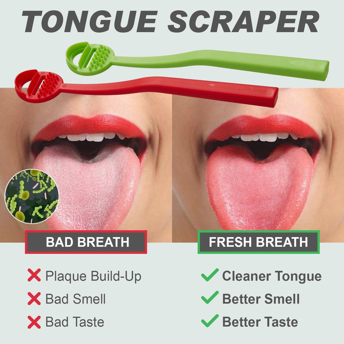 Tongue Scraper Cleaner 4 Pack – BPA Free – Oral Hygiene Care – Reduce Bad Breath – Double Scraper with Massager Head – Red 2 Pack, Green 2 Pack