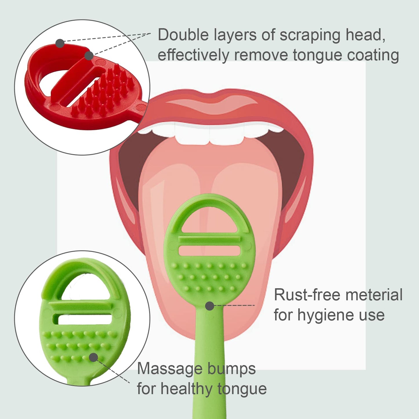 Tongue Scraper Cleaner 4 Pack – BPA Free – Oral Hygiene Care – Reduce Bad Breath – Double Scraper with Massager Head – Red 2 Pack, Green 2 Pack