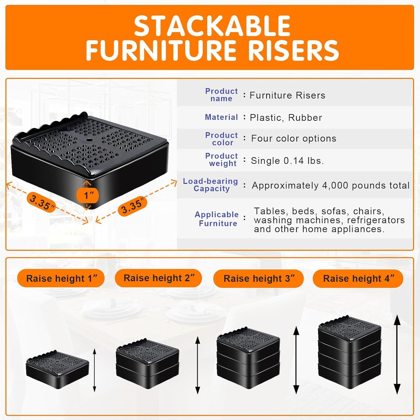 Furniture Risers, 4 Pack Bed Risers with Non-Slip Grip and Heavy Duty Support, 1 Inch 2 Inch 3 Inch 4 Inch Height Lift for Couch, Sofa, Table, Desk, Chair, Refrigerator - Black, 1 Inch