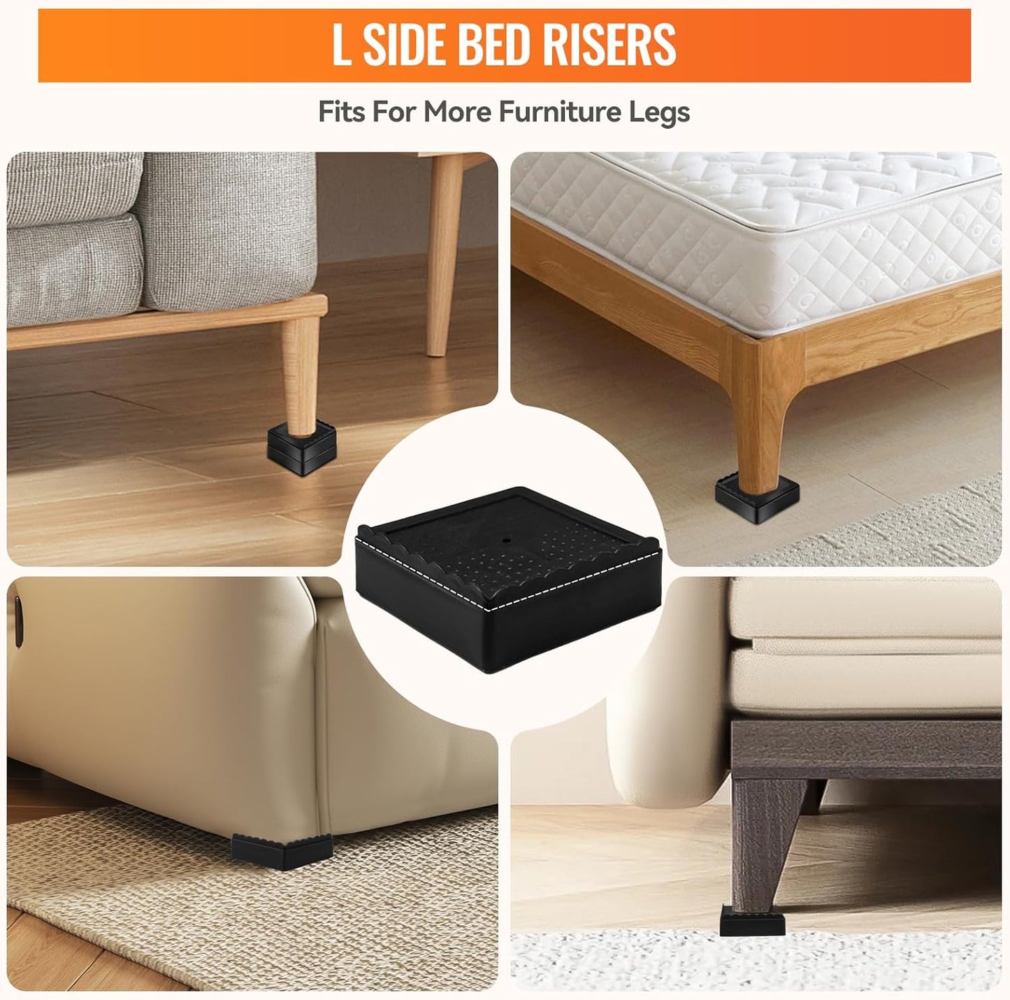 Furniture Risers, 4 Pack Bed Risers with Non-Slip Grip and Heavy Duty Support, 1 Inch 2 Inch 3 Inch 4 Inch Height Lift for Couch, Sofa, Table, Desk, Chair, Refrigerator - Black, 1 Inch