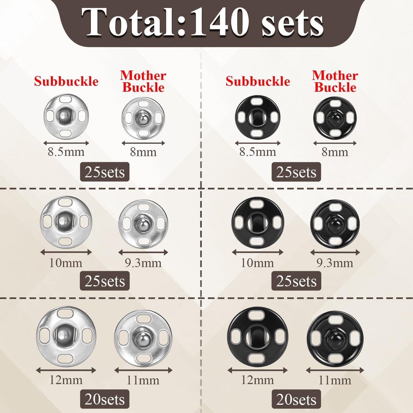 140 Sets Sew on Snaps for Clothing, Metal Snaps Fasteners Press Studs, Snap Buttons for Clothes Fabric Bag Bib Sweater Cardigan DIY Sewing Craft (8mm 10mm 12mm)