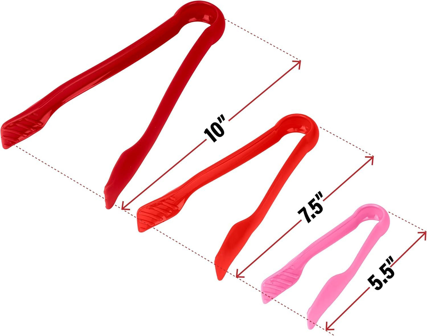 3 Pcs 6” x 8” x 10” Multi Colored Plastic Tong Set, 3 Pack Durable BPA-Free Quality Heavy Duty Perfect for BBQ, Grilling, Salad, Buffets and Kitchen (Pink, Red)