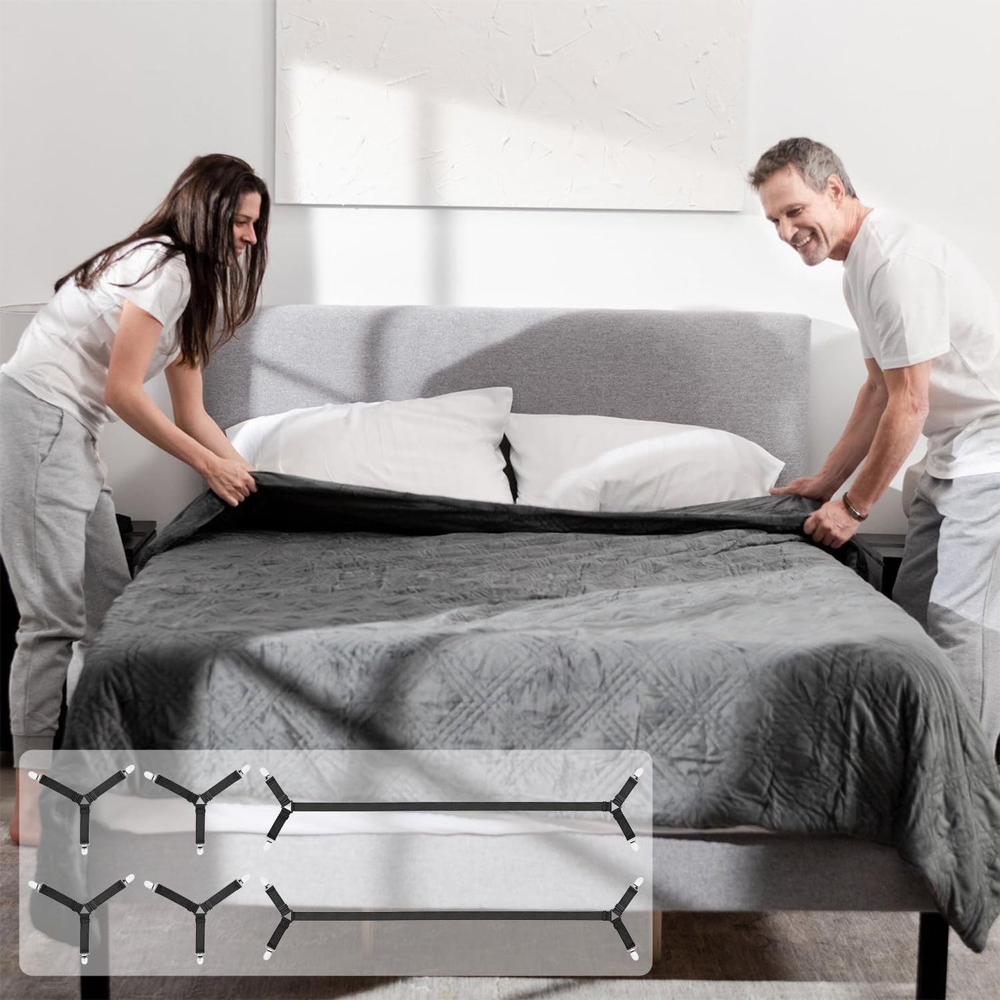 4pcs Bed Sheet Straps Holders, Adjustable Non Slip Elastic Bedsheet Grippers Triangle Mattress Suspenders, Keep in Place Fitted Bed Sheet Holders for Corners, Sofa Cushion, Mattress Cover Straps White