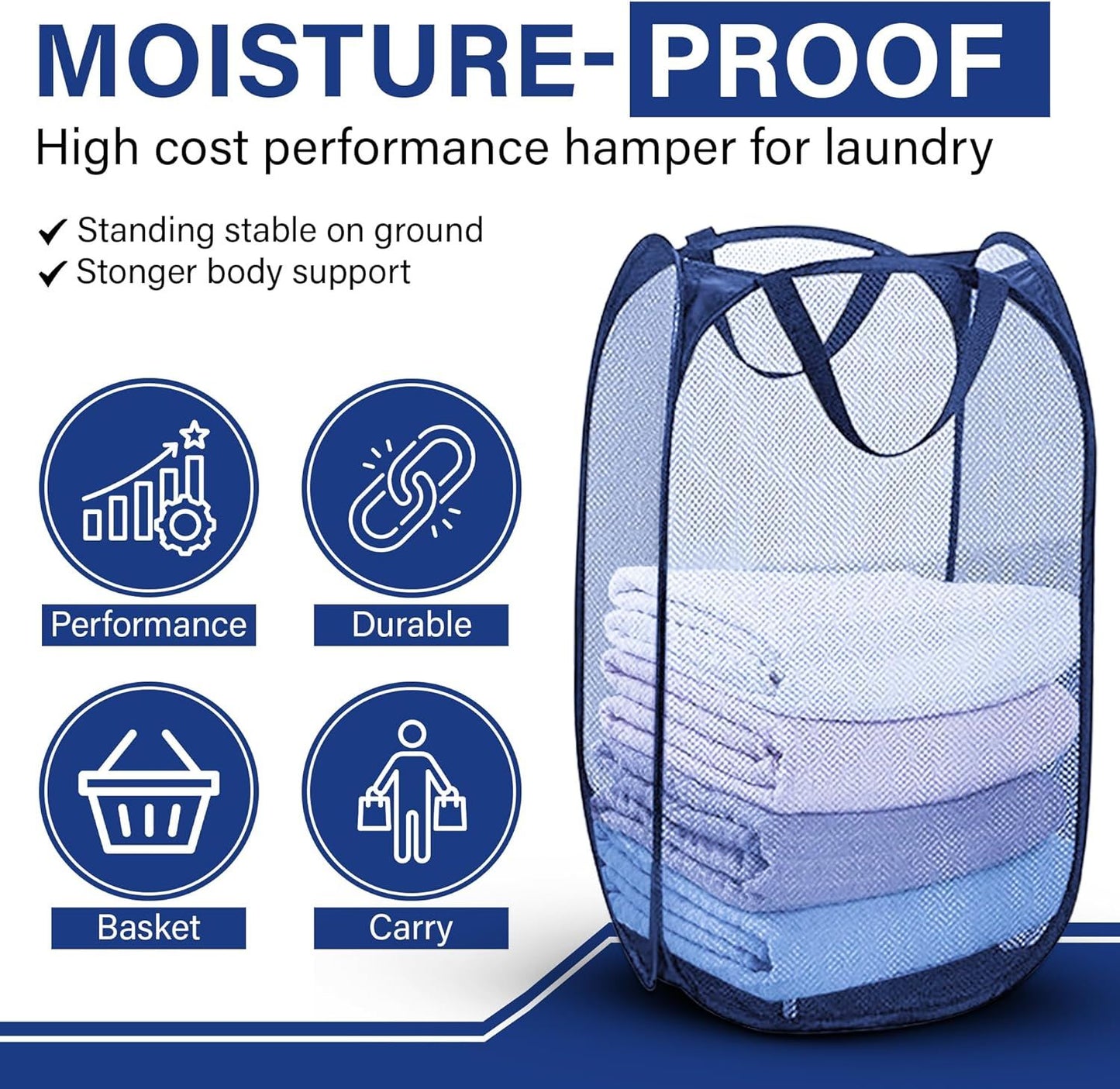 1 Pack Mesh Pop Up Laundry Hamper, Lightweight Foldable Clothes Basket with Easy Carry Handles, Durable Mesh Design for Air Circulation and Simple Storage, Navy (1 Pack)
