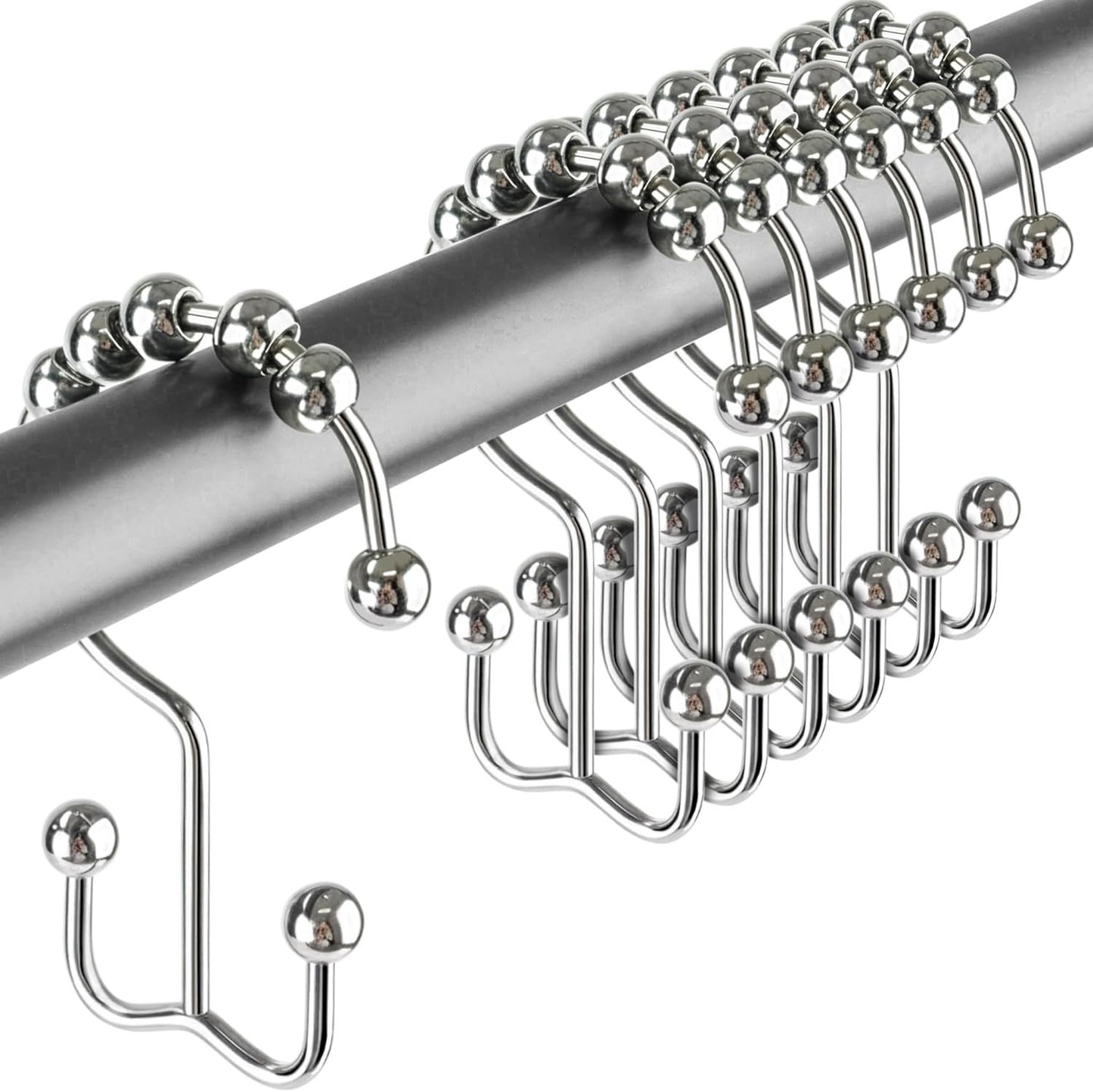 12 Pack Shower Curtain Hooks, Heavy Duty Coated Stainless Steel, Rustproof and Corrosion Resistant, Smooth Glide Double Hooks for Standard Shower Rods, Chrome (12 Pack)