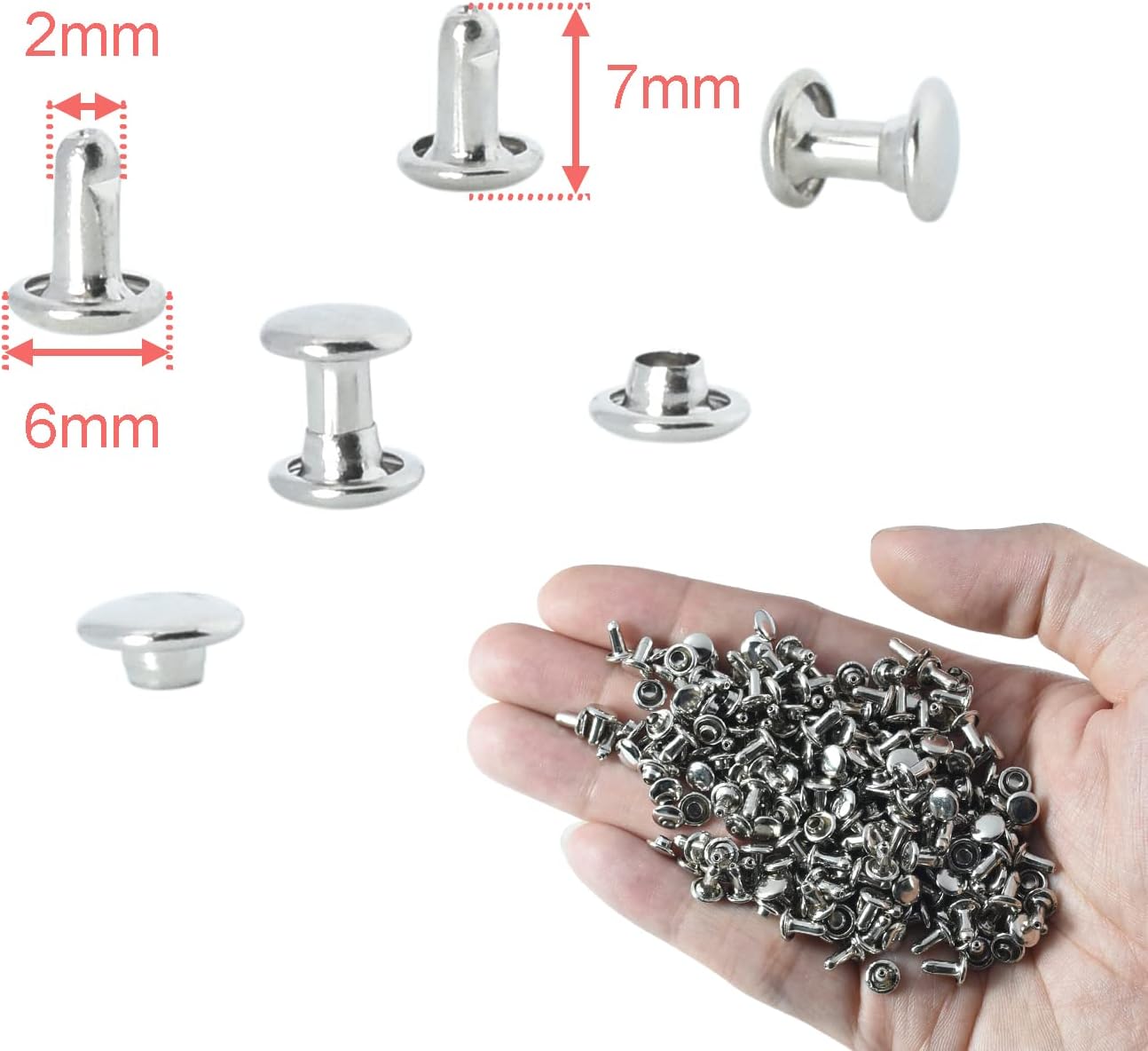 200Sets 6mm Round Cap Leather Rivets, Double Cap Rivets Tubular Metal Studs Rivets for Leather Purse Keyrings Repair and Crafts Decoration (6mm Silver)