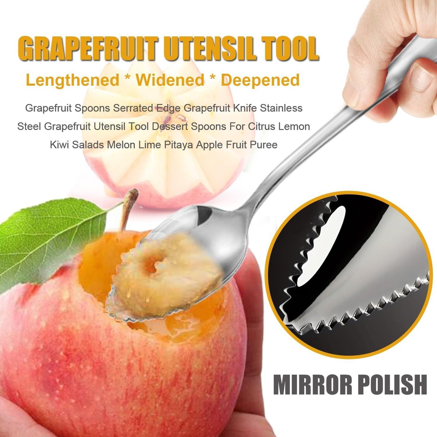 Grapefruit Spoons Serrated Edge Knife Stainless Steel Utensil Tool Dessert Spoon for Citrus Lemon Kiwi Salads Melon Lime Pitaya Apple Fruit Puree (Silver)