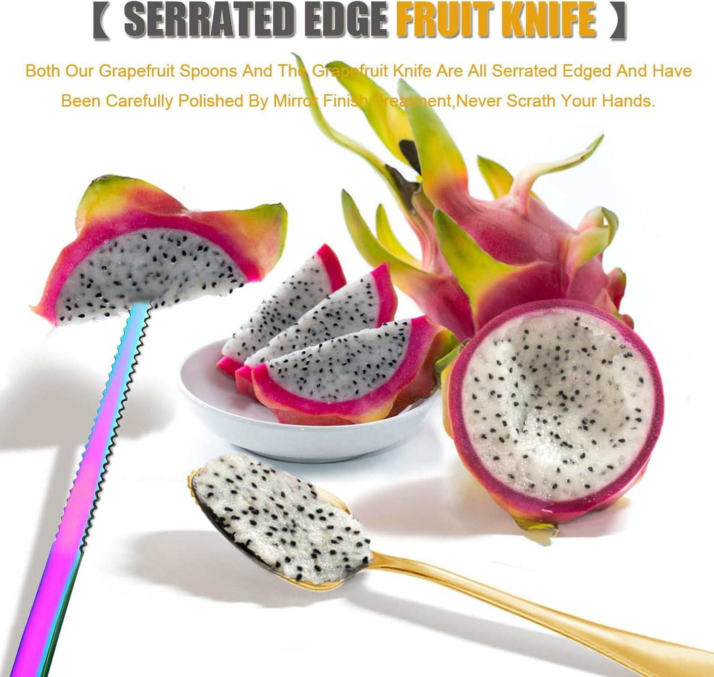Grapefruit Spoons Serrated Edge Knife Stainless Steel Utensil Tool Dessert Spoon for Citrus Lemon Kiwi Salads Melon Lime Pitaya Apple Fruit Puree (Silver)