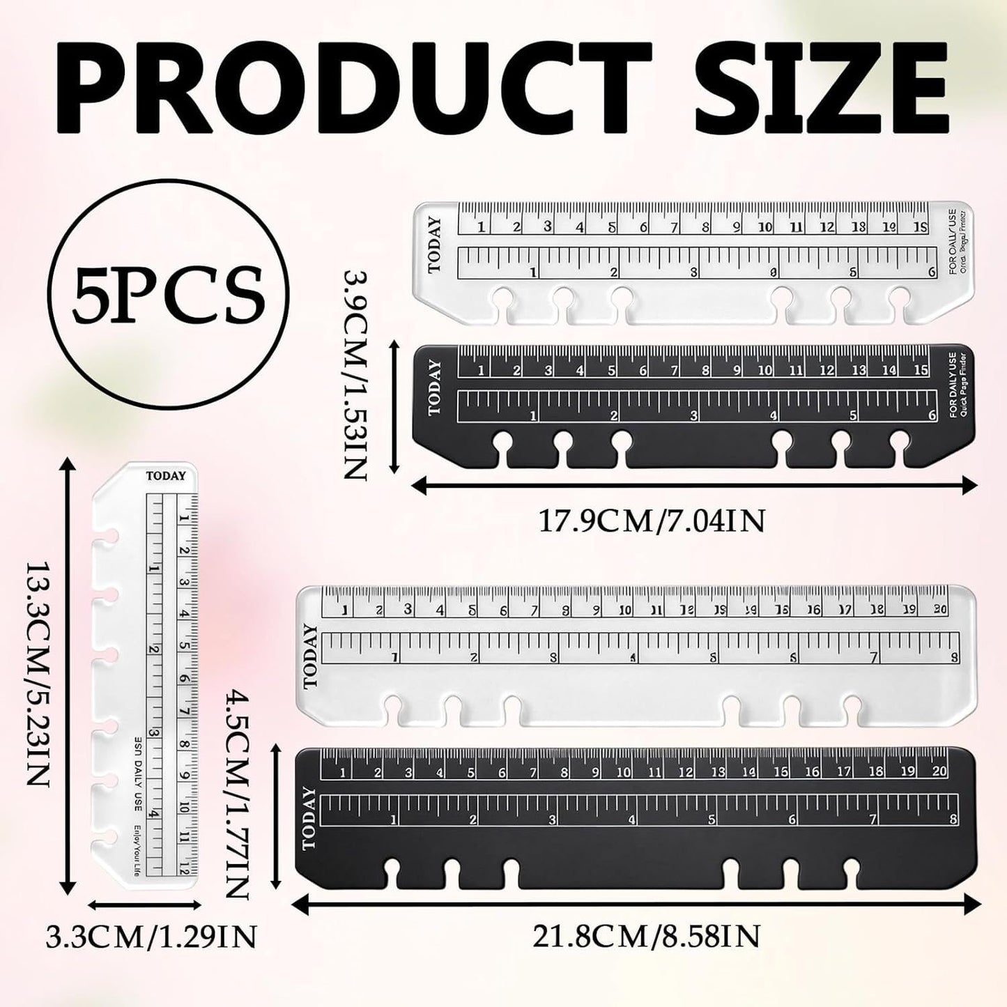 5PCS Planner Ruler for A5 A6 A7 Binder, 6-Ring Page Marker for Spiral Notebook, Snap-in Plastic Bookmark Rulers, 6-Hole Ruler Inser Planner Bookmark for A5 A6 A7 (Black/Clear)