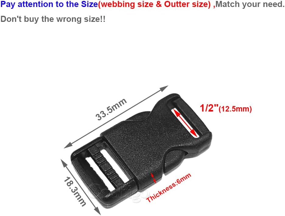 CooBigo 10pcs 1/2"(12.5mm) Side Release Buckles Plastic Black Quick Adjustable Buckle For Backpack Strap DIY Pets Collar Accessory