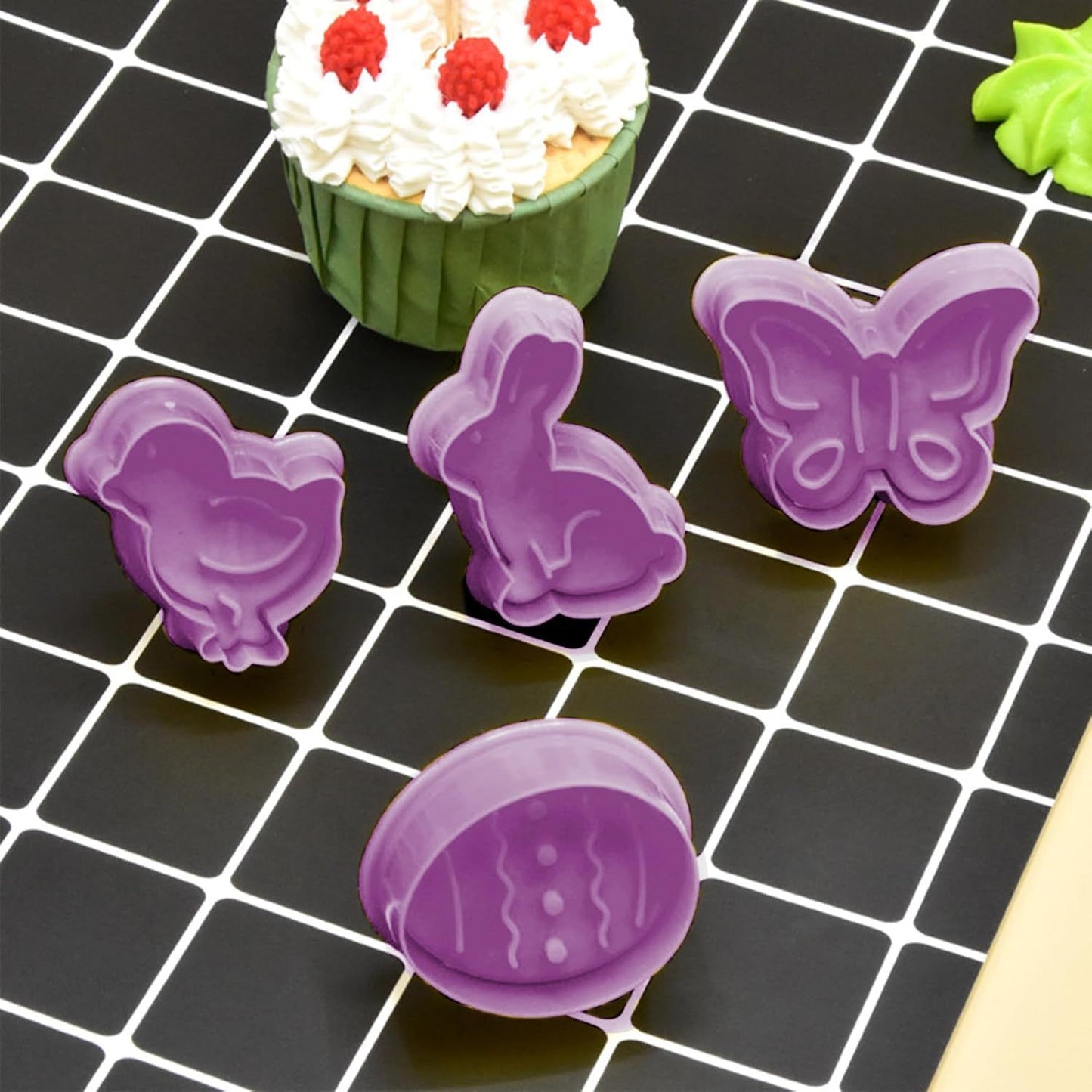 4Pcs Easter Cookie Cutters, Cartoon Easter Cookie Stamps, Cute Bunny Eggs Chick Butterfly Shapes Spring Biscuit Cutters Plastic Kitchen Tool for Fondant Cookie Baking Holiday Birthday Party Supplies