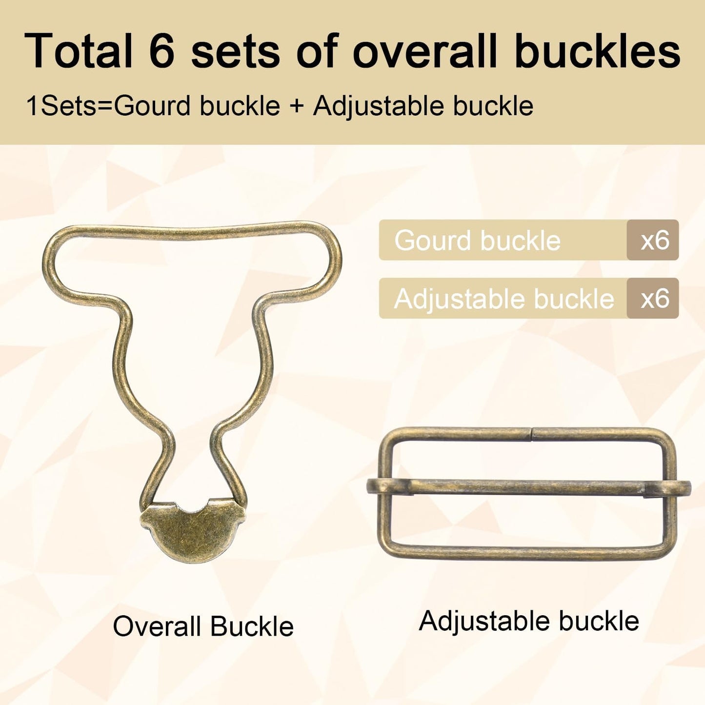 CooBigo 6 Sets 1-1/2" Overall Buckles Replacement, Suspender Buckle Metal Bib Clip Clasp with Adjustable Tri-Glide Slide Buckle for Jeans Suspender, Pants Sewing Accessories (Bronze No-Sew Button)