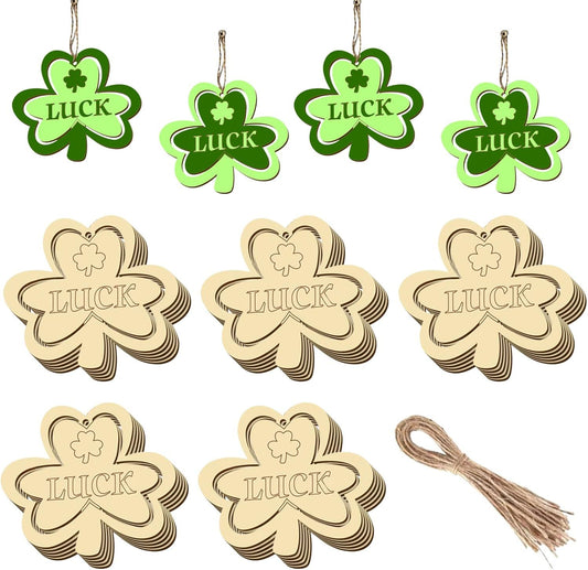20Pcs Wooden Shamrock Ornaments to Paint, 3.2 Inch St. Patrick's Day Unfinished Wood Shamrock Cutouts, DIY Blank Luck Clover Shape Hanging Ornaments Ropes with for Crafts Tree Home Decor