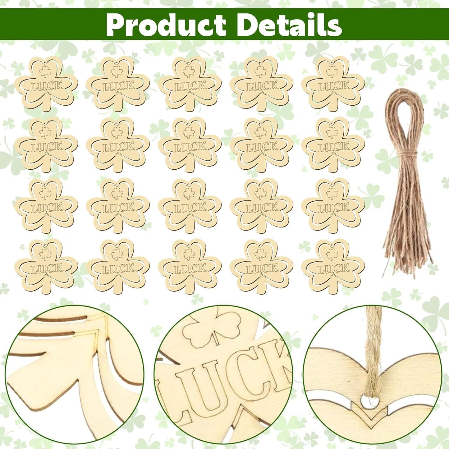 20Pcs Wooden Shamrock Ornaments to Paint, 3.2 Inch St. Patrick's Day Unfinished Wood Shamrock Cutouts, DIY Blank Luck Clover Shape Hanging Ornaments Ropes with for Crafts Tree Home Decor