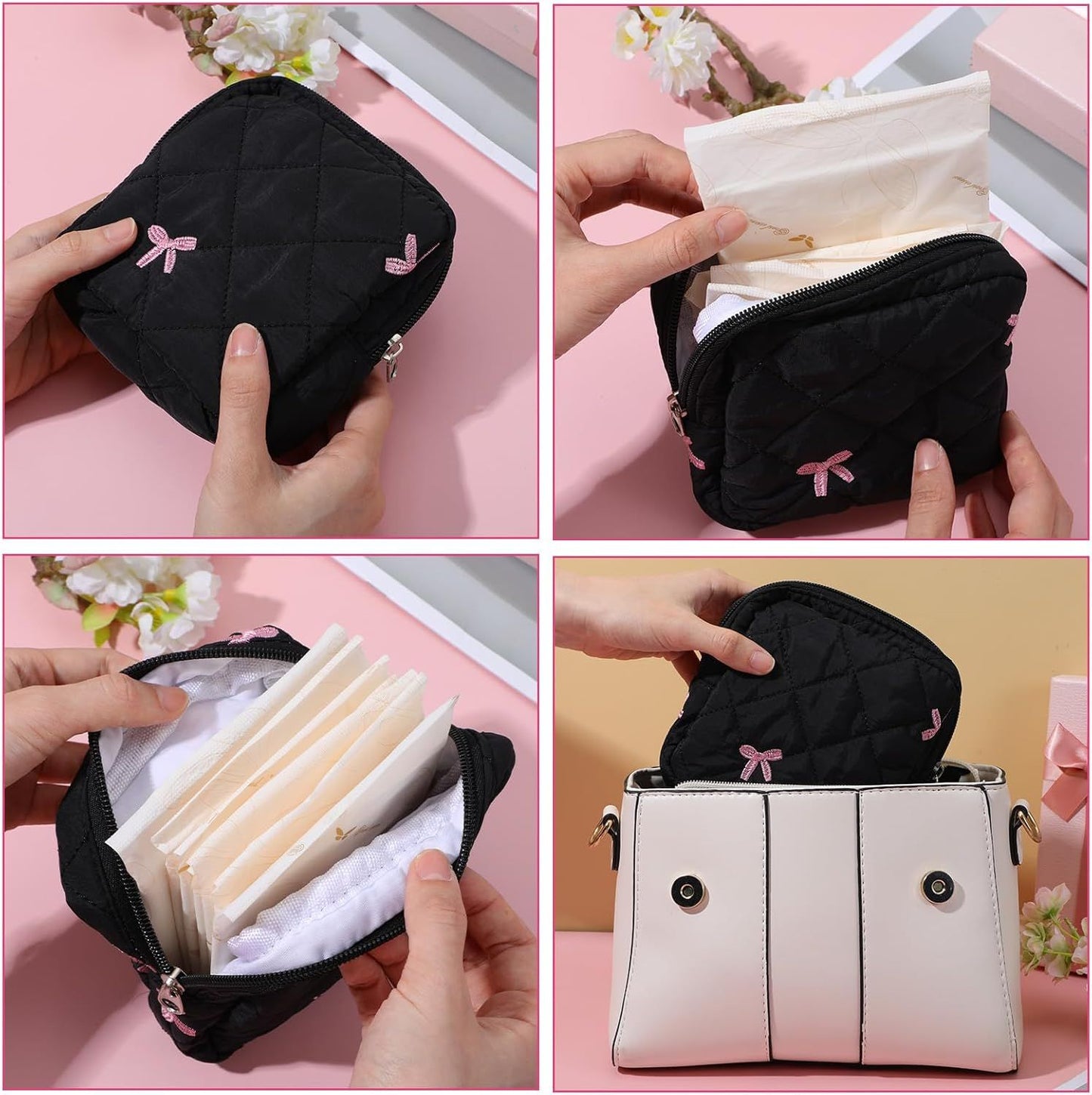 Portable Period Bags for Girls, Cute Bow Period Pouch for Pads Sanitary Napkins Small Tampons, Sanitary Napkin Storage Bag First Gifts for Girls (Black)