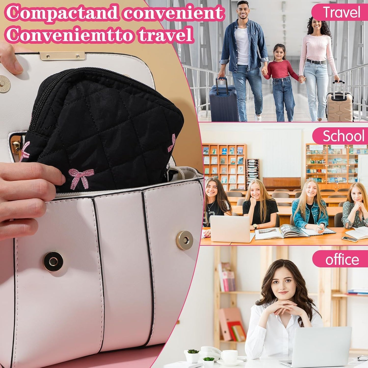 Portable Period Bags for Girls, Cute Bow Period Pouch for Pads Sanitary Napkins Small Tampons, Sanitary Napkin Storage Bag First Gifts for Girls (Black)
