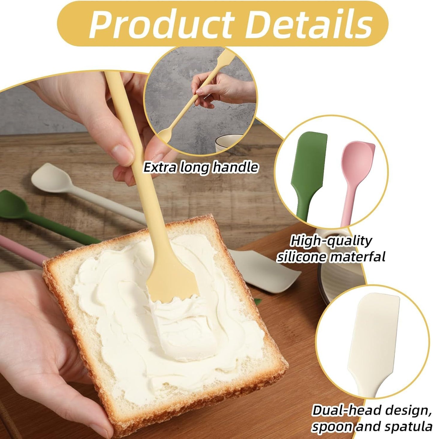 4 Pcs Long Dual-End Silicone Spatula, Small Spatula & Stirring Spoons for Jam Jars & Makeup, Thin Curved End for Scraping, Slim Spoon End for Scooping and Mixing (10.43 Inch)