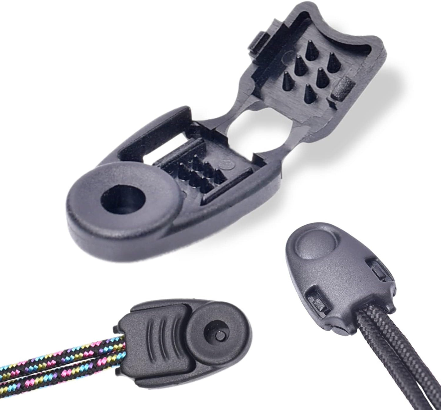 CooBigo 20 Pack Zipper Pull Cord Ends Zipcords Stopper Paracord Parachute Clips Running Shoe lace Elastic Shock Bungee Rope Drawstrings Ends Lock DIY Replacement Plastic Black