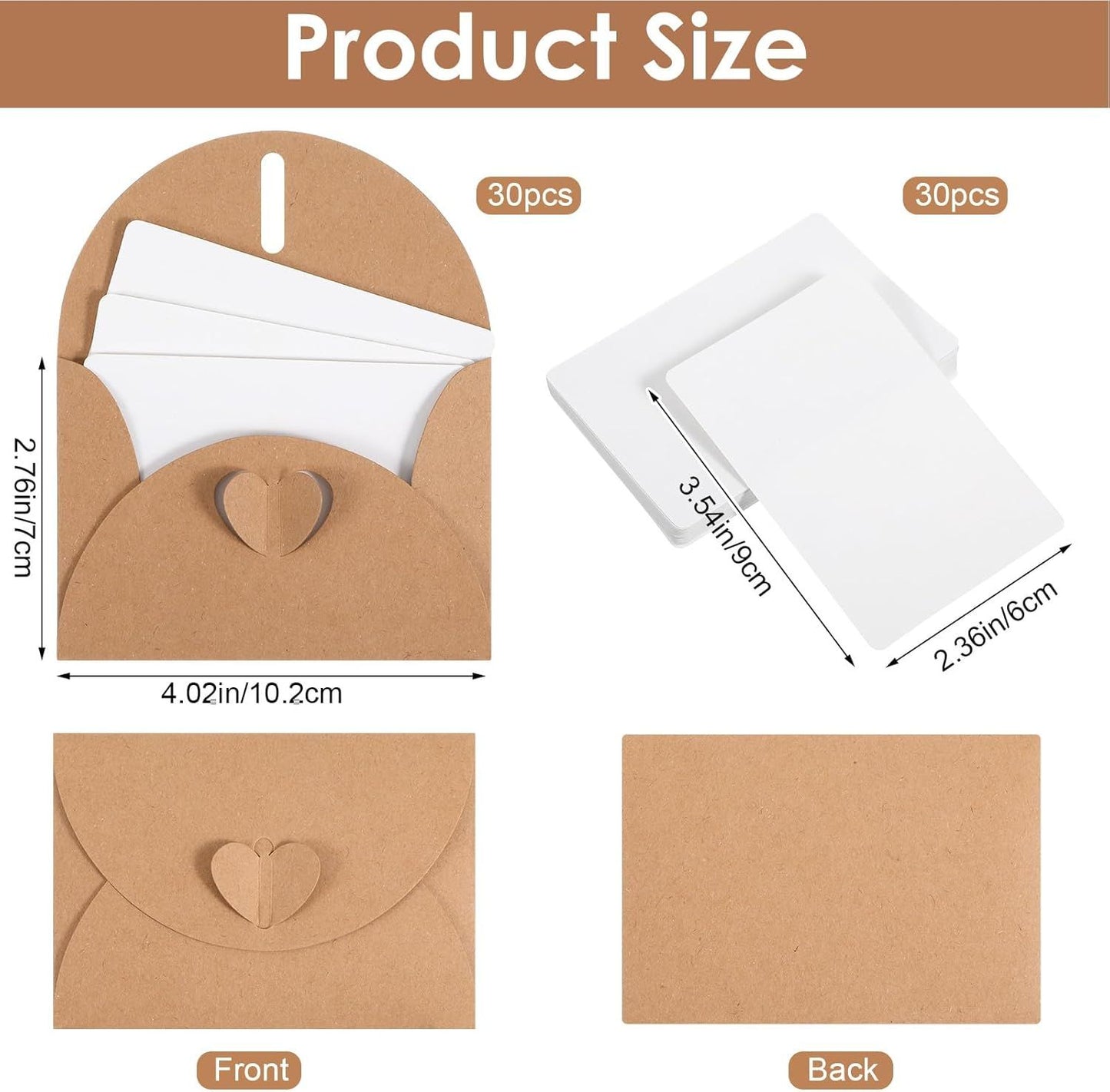 30 Pcs Mini Envelopes with Blank Cards, 4.02×2.76in Cute Envelopes with Heart Clasp, Paper Gift Card Holders, Tiny Envelope for Business Card, Weddings Favors, Greeting Cards