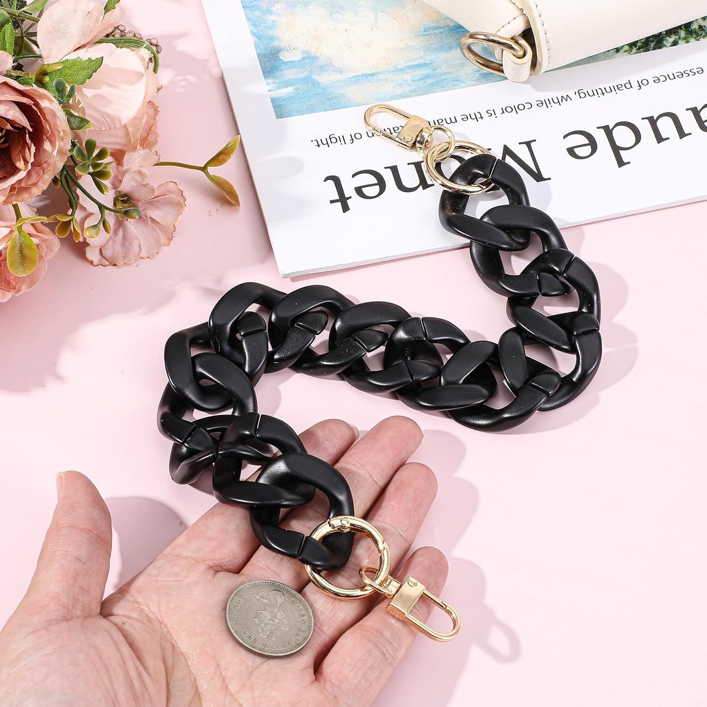 1PCS Black Purse Chain Replacement, 15.7 Inch Acrylic Bag Chain, Black Purse Chains Strap, Adjustable Handbag Strap Handles for Shoulder Bags DIY Crafts