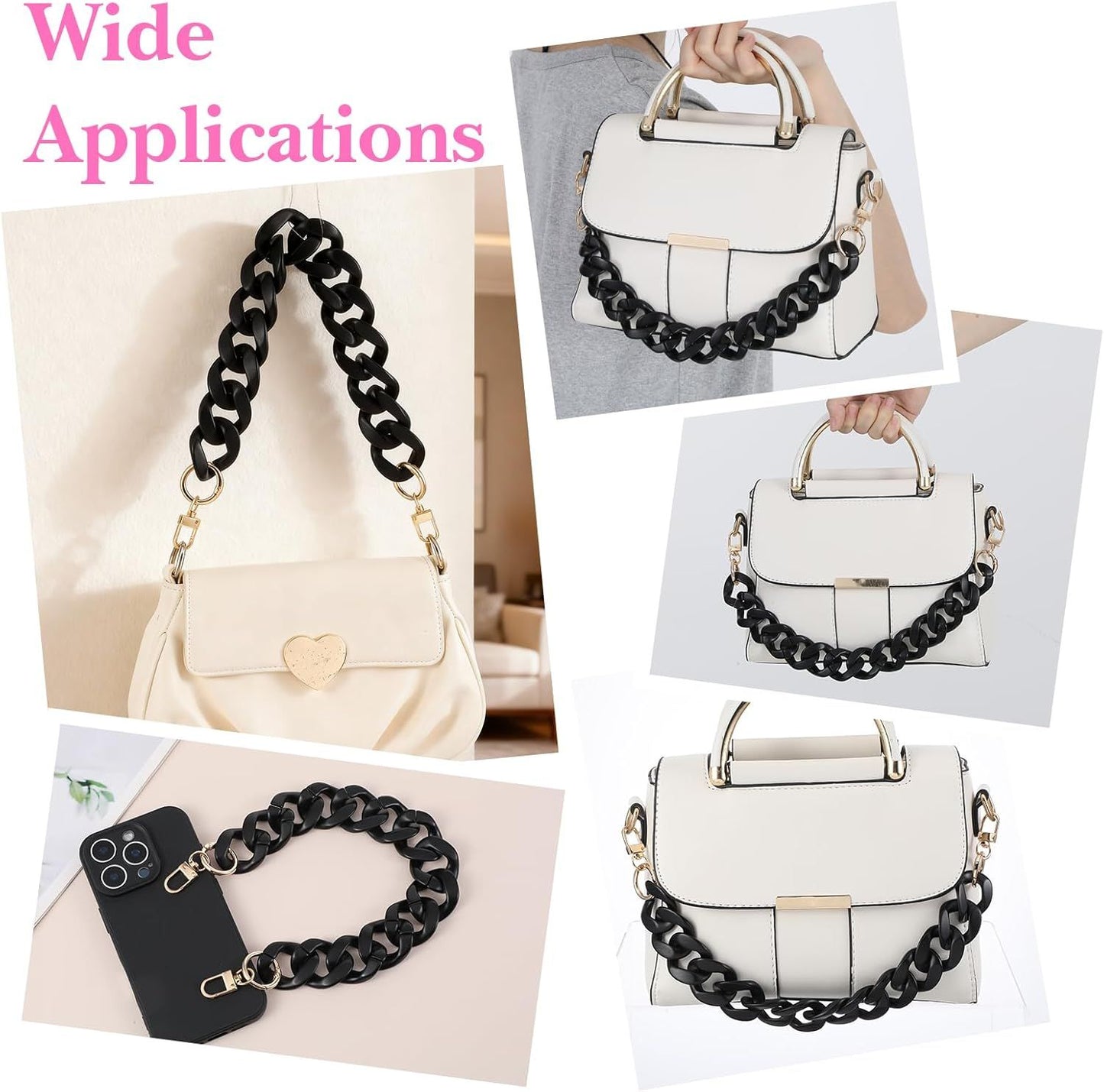 1PCS Black Purse Chain Replacement, 15.7 Inch Acrylic Bag Chain, Black Purse Chains Strap, Adjustable Handbag Strap Handles for Shoulder Bags DIY Crafts